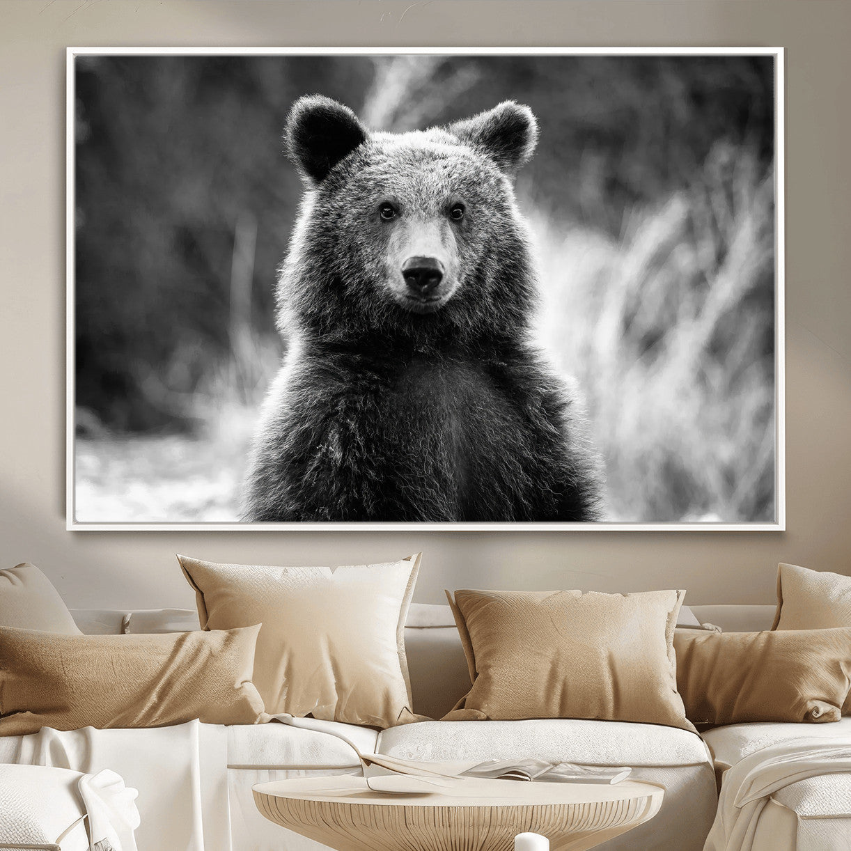 55656803-MGV-CV-36X24-Grizzly Bear Wall Art Canvas Print – Framed Black White Wildlife Rustic Nature Artwork for Home, Office Decor