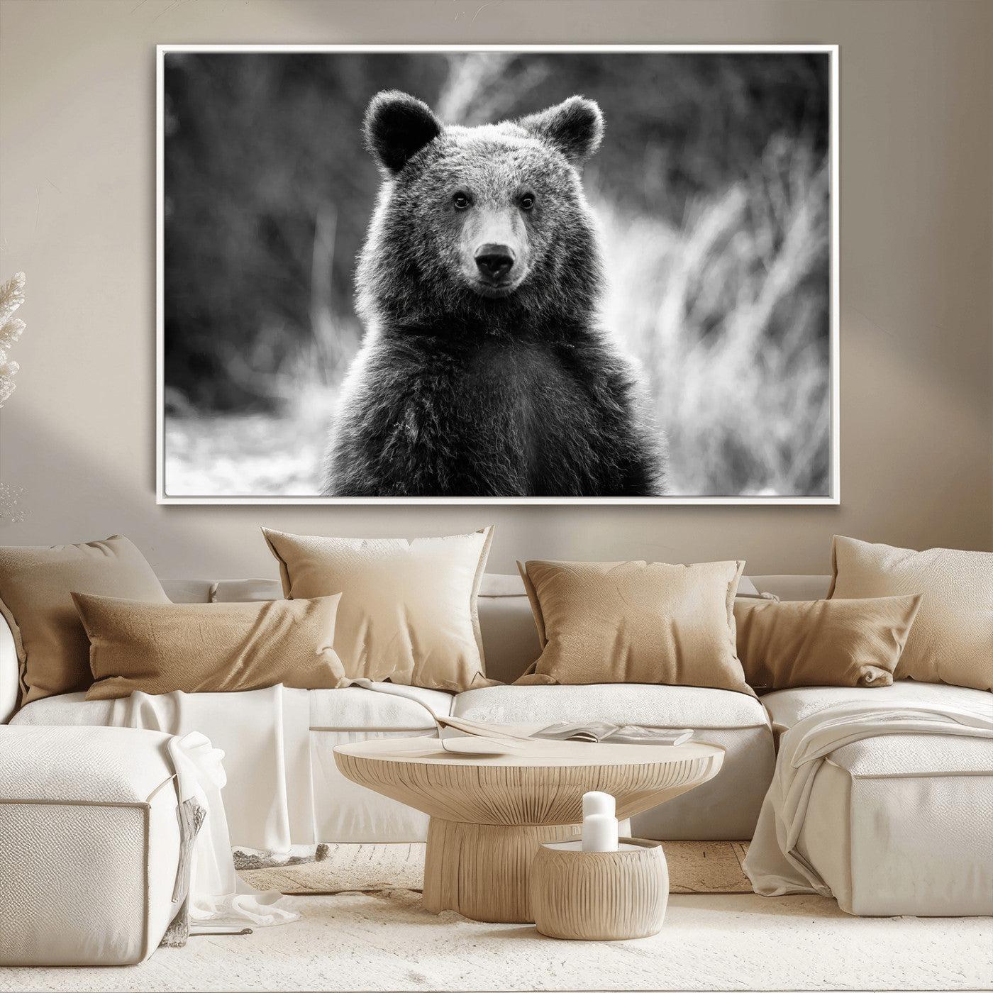 MGV-FC-36X24 - Grizzly Bear Wall Art Canvas Print, Framed Black White Bear Art Picture Print, Wild Bear Perfect Rustic Wildlife Decor Artwork