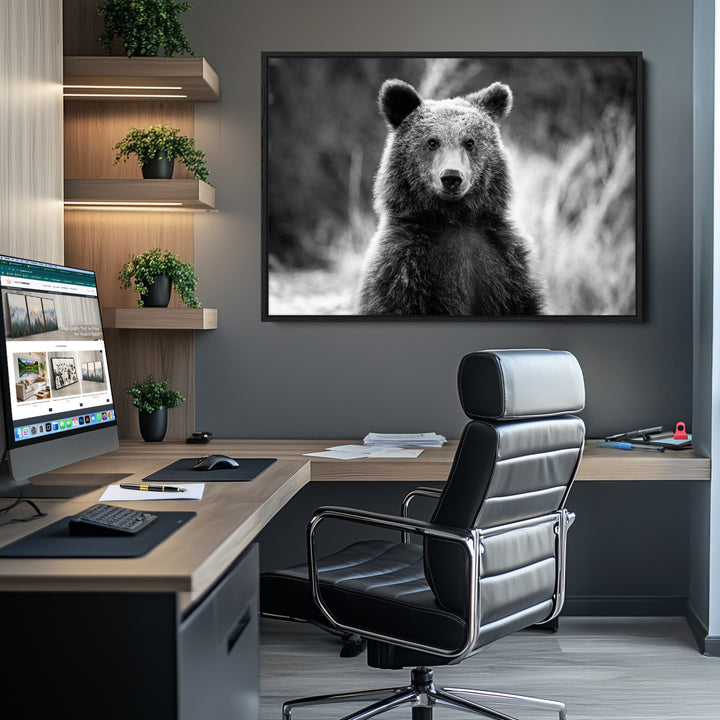 Grizzly Bear Wall Art Canvas Print, Framed Black White Bear Art Picture Print, Wild Bear Perfect Rustic Wildlife Decor