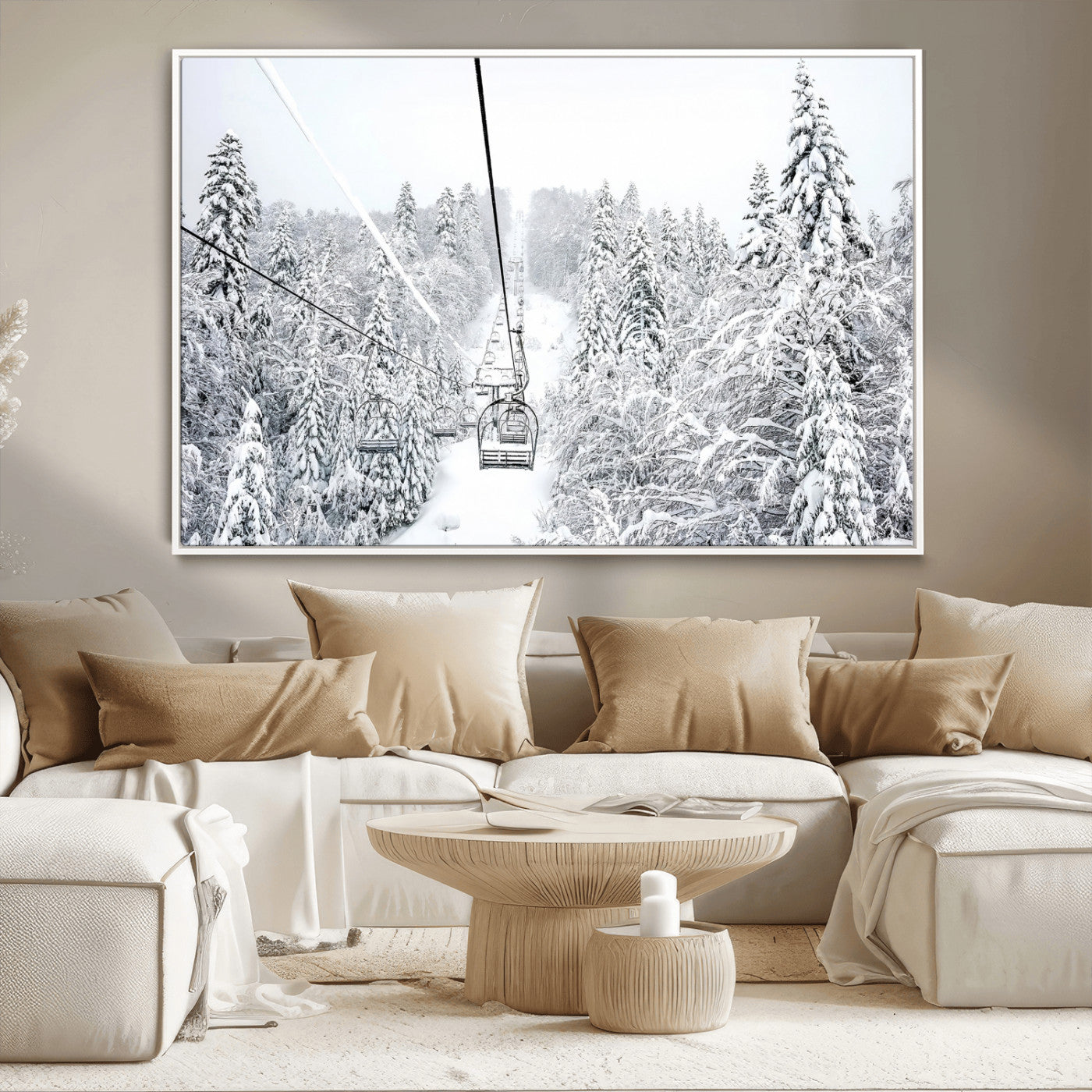 MGV-FC-36X24 - Snowy Mountains Wall Art Canvas Print, Framed Ski Lift Art Picture Print, Winter Forest Perfect