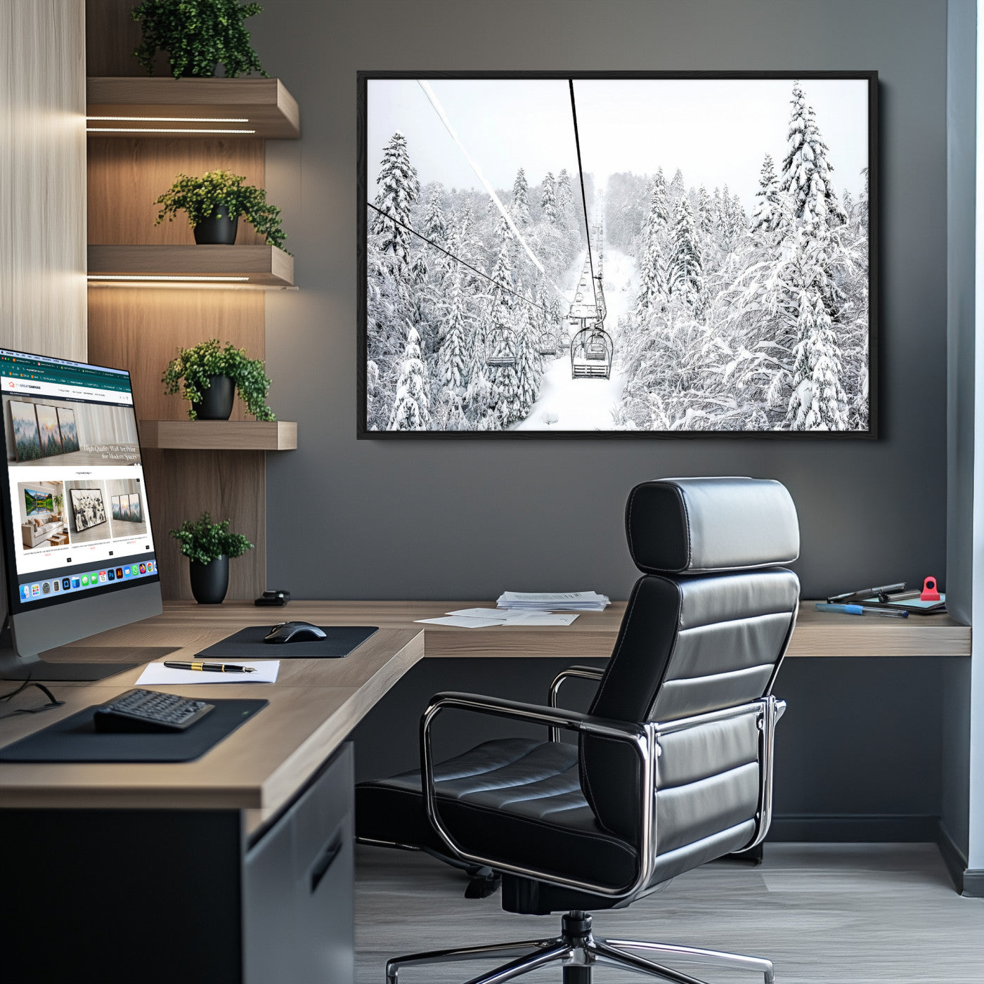 Snowy Mountains Wall Art Canvas Print, Framed Ski Lift Art Picture Print, Winter Forest Perfect Winter Minimalist Decor, Ski Lift Canvas