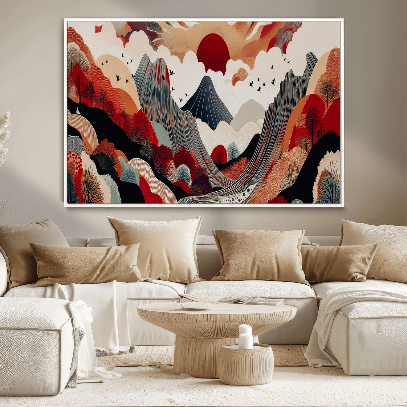 MGV-FC-36X24 - Abstract Mountain Wall Art Canvas Print, Framed Vibrant Landscape Art Picture Print, Stylized Nature Drawing Perfect Contemporary Minimalist Decor Artwork