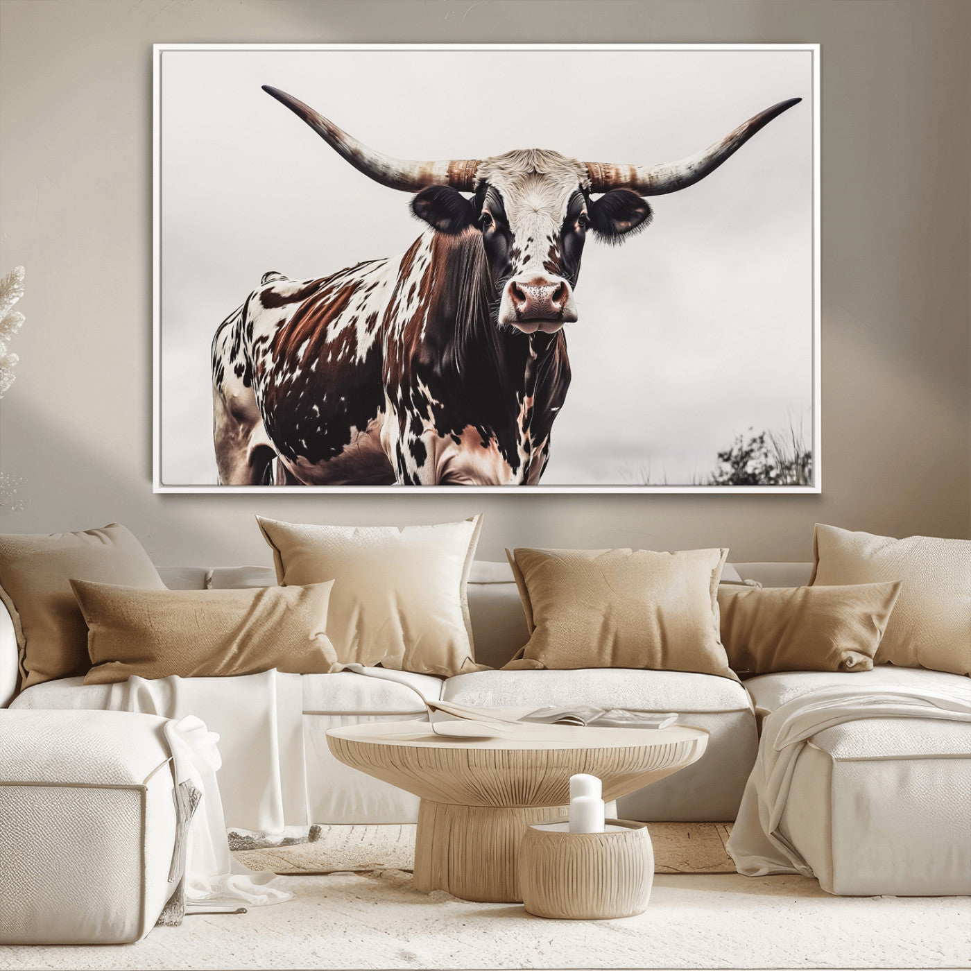 MGV-FC-36X24 - Texas Longhorn Wall Art Canvas Print, Framed Spotted Bull Art Picture Print, Horned Cattle Perfect Rustic Farmhouse Decor Artwork