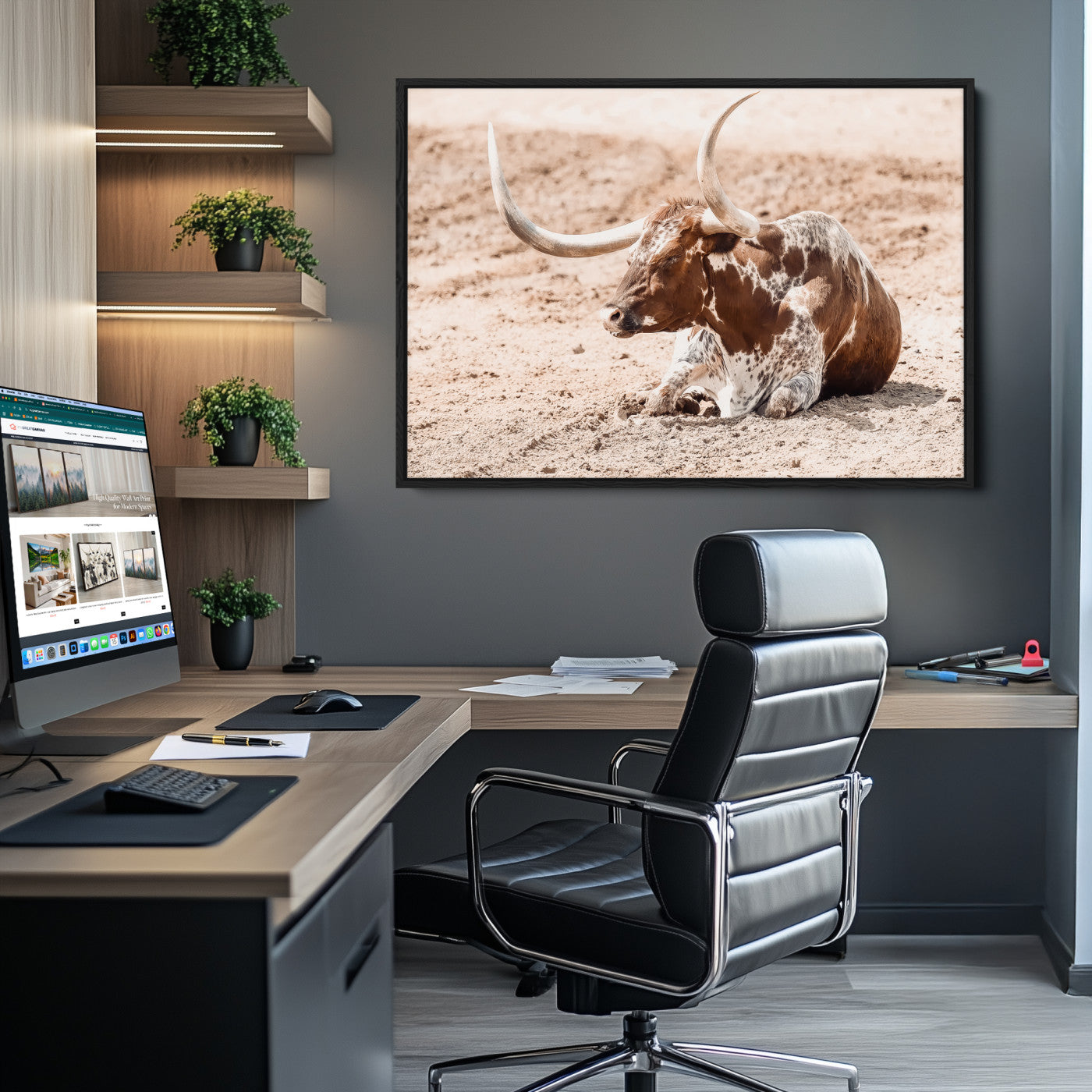 Texas Longhorn Wall Art Canvas Print, Framed Resting Bull Art Picture Print, Spotted Cattle Perfect Rustic Western Decor, Spotted Cattle