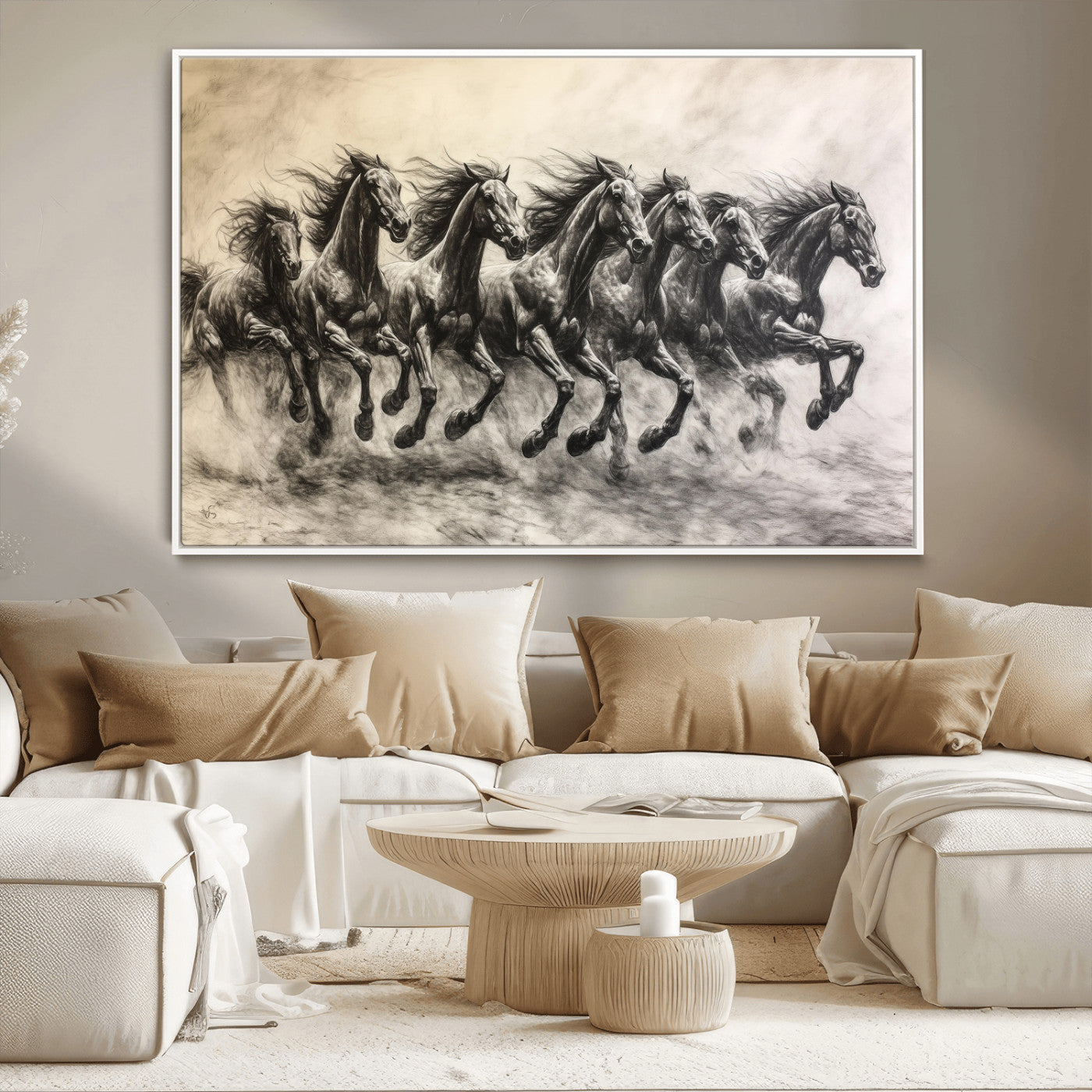 MGV-FC-36X24 - Galloping Horses Wall Art Canvas Print, Framed Wild Stallions Art Picture Print, Horse Herd Sketch Perfect Monochrome Dynamic Decor Artwork