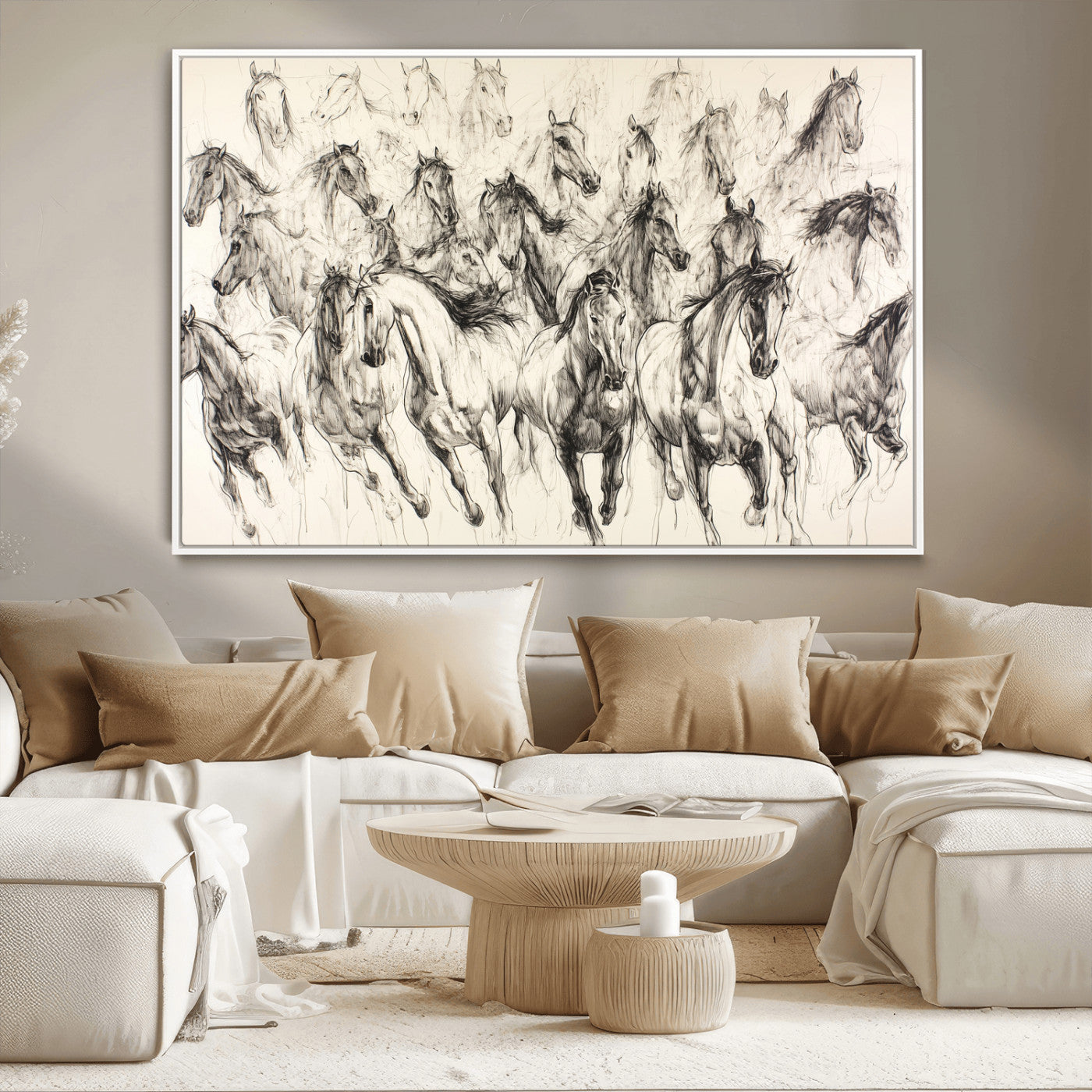 MGV-FC-36X24 - Running Horses Wall Art Canvas Print, Framed Horse Sketch Art Picture Print, Galloping Herd Perfect Monochrome Western Decor Artwork