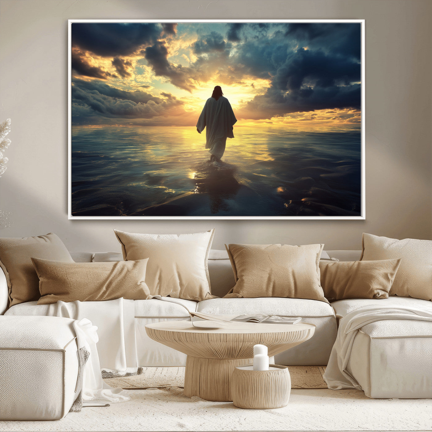 Spiritual artwork of Jesus walking on water at golden hour with divine light, ideal for Christian home decor or prayer room.