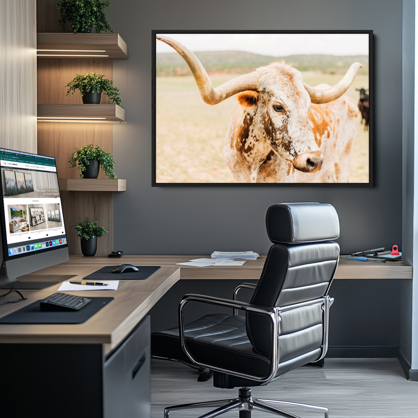 Texas Longhorn Wall Art Canvas Print, Framed Speckled Cow Art Picture Print, Rustic Bull Perfect Rustic Western Decor, Framed Speckled Cow