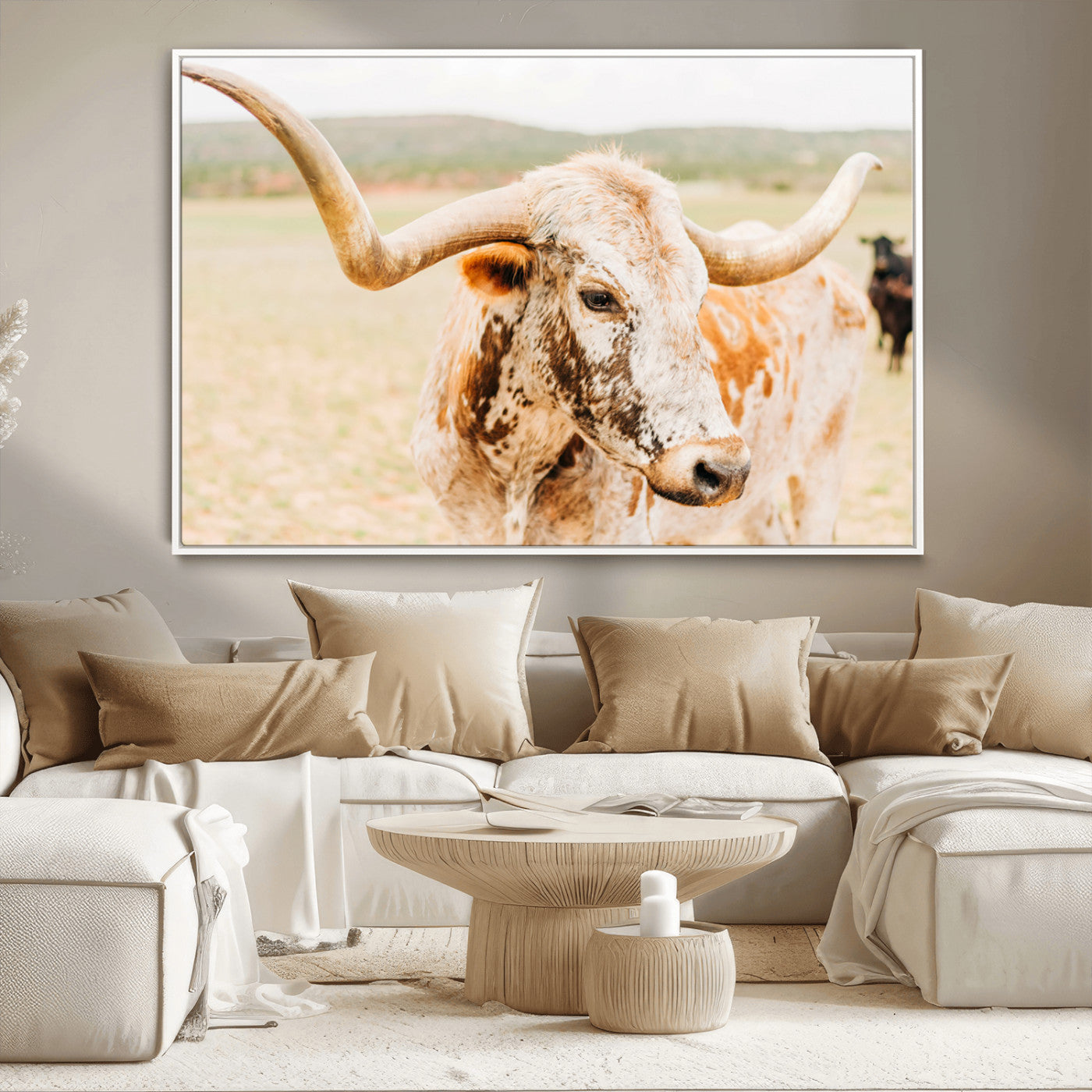 Close-up of a speckled Texas Longhorn in warm prairie tones, perfect for rustic western or countryside-themed room decor.