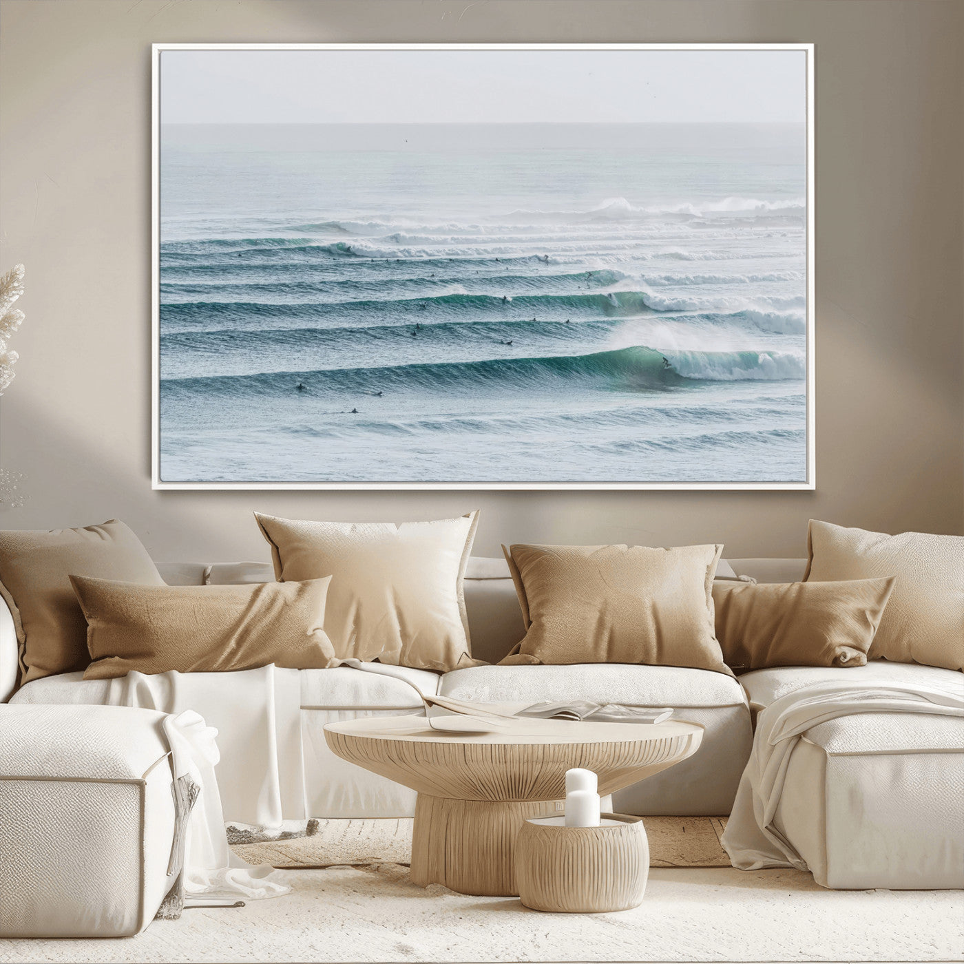 High-angle view of surfers lining up across layered ocean waves, ideal for minimal coastal or surf-inspired room decor.