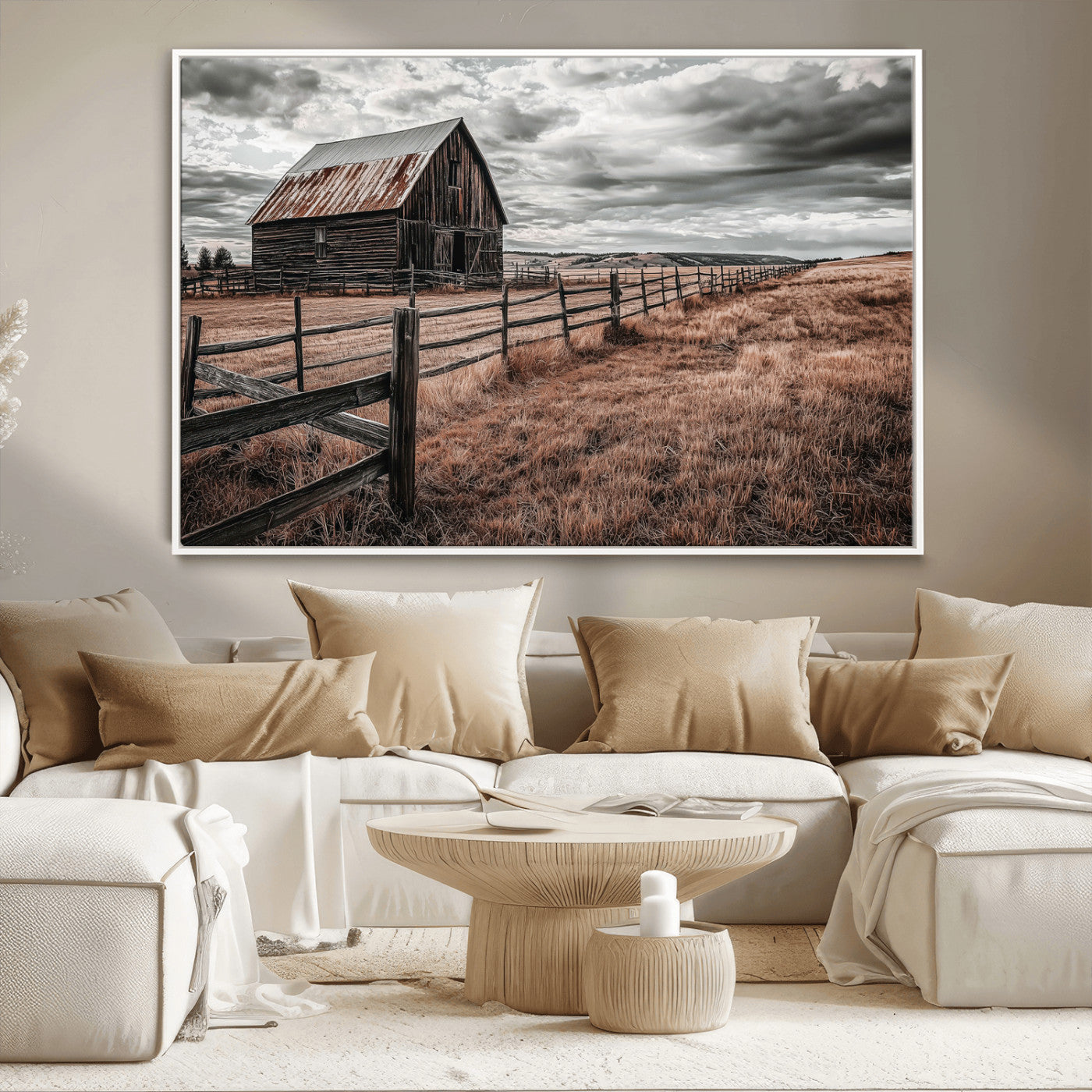 Framed canvas of a rustic barn under a moody sky with weathered fence and dark fields, ideal for farmhouse or rural-style wall decor.
