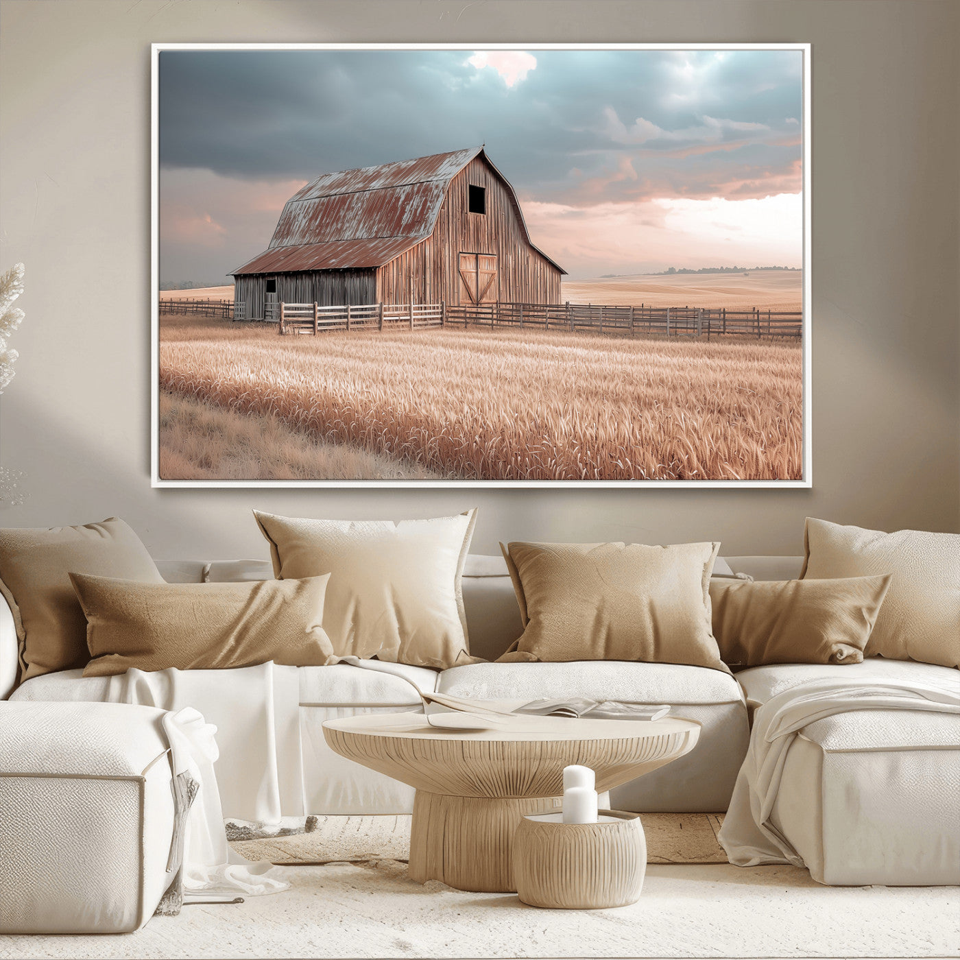 Framed canvas of a rustic barn in a golden wheat field under soft skies, ideal for vintage farmhouse or country-style wall decor.