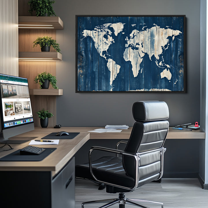 World Map Wall Art Canvas Print, Rustic Map Print, Framed Wooden World Map Art Print, Large Antique Map Decor Printing Perfect for Vintage Decor