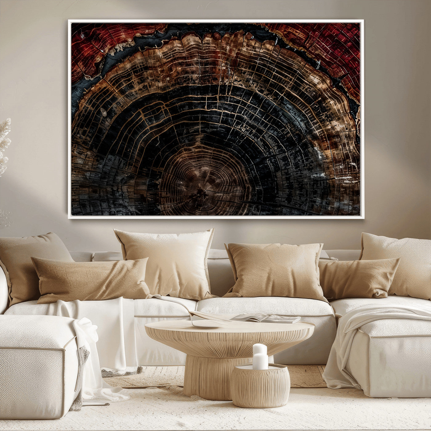 MGV-FC-36X24 - Dark Wood Ring Wall Art Canvas Print, Framed Abstract Wood Tree Art Picture Print, Rustic Tree Slice Perfect Rustic Decor Artwork