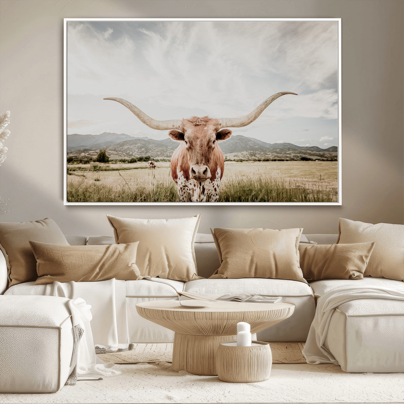 MGV-FC-36X24 - Texas Longhorn Wall Art Canvas Print, Framed Western Cow Art Picture Print, Rustic Farmhouse Perfect Farmhouse Decor Artwork