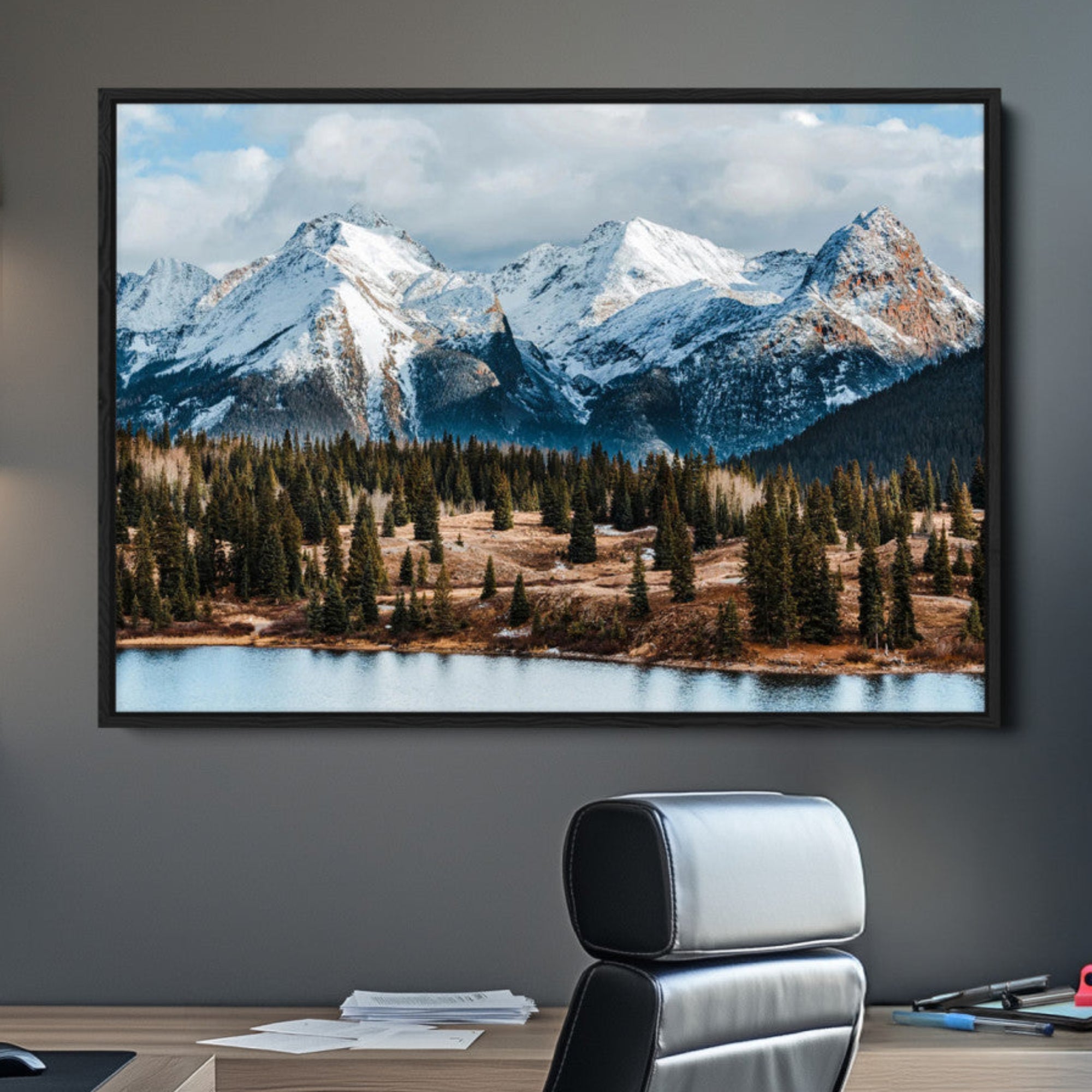 36247746-MGV-CV-36X24-Snowy Peaks Wall Art Canvas Print – Framed Alpine Lake Pine Forest Mountain Landscape Nature Artwork for Home Office