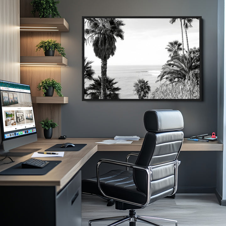 Palm Trees Wall Art Canvas Print, Framed Coastal Art Picture Print, Ocean Horizon Perfect Monochrome Coast Decor
