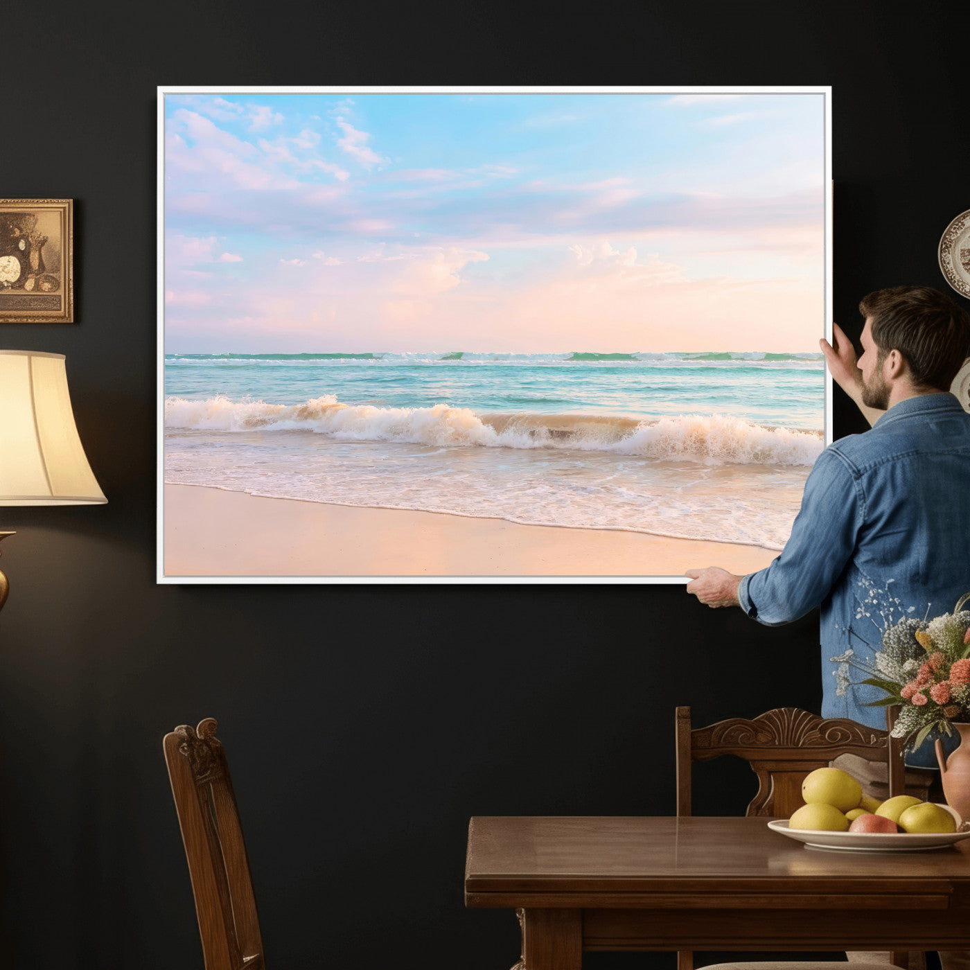 74679437-MGV-CV-36X24 - Serene Waves Wall Art – Golden Shore & Soft Pastel Sky Canvas Print, Gentle Ocean and Peaceful Sunset for Living Room or Office