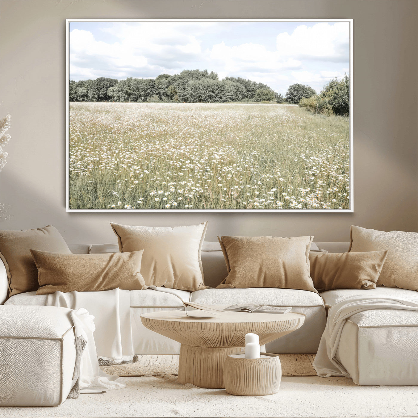 MGV-FC-36X24 - Charming Daisy Field Wall Art Canvas Print, Framed Pastel Flower Art Picture Print, Meadow Bloom Perfect Scandinavian Minimalist Decor Artwork