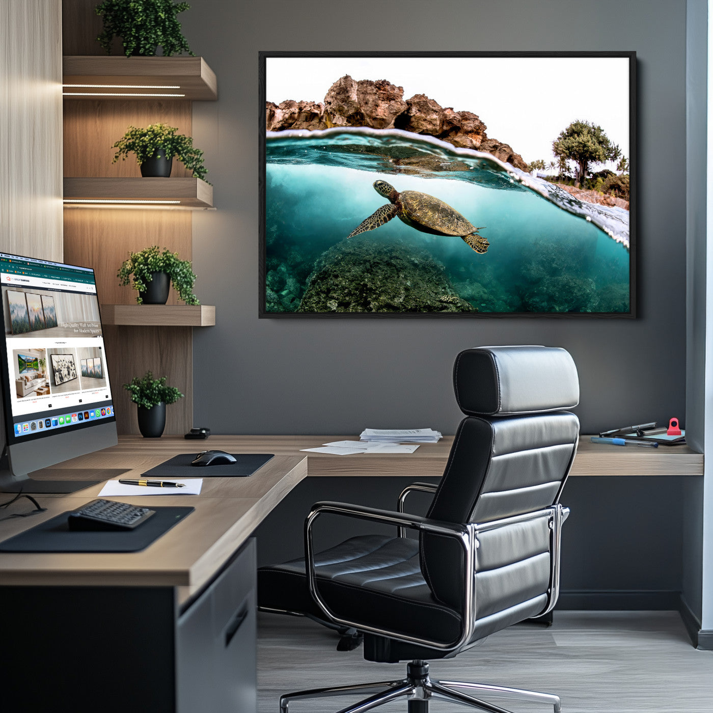 44200301-MGV-CV-36X24-Sea Turtle Wall Art Canvas Print, Framed Ocean Life Art Picture Print, Tropical Perfect Coastal Decor