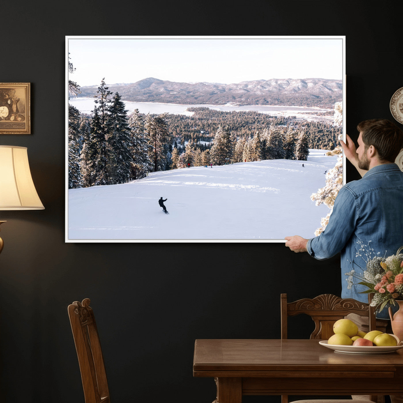 79857868-MGV-CV-36X24 - Snowboarder Wall Art – Winter Slope Canvas Print, Pine Forest, Snow-Covered Mountains, Outdoor Adventure for Living Room or Cabin Decor