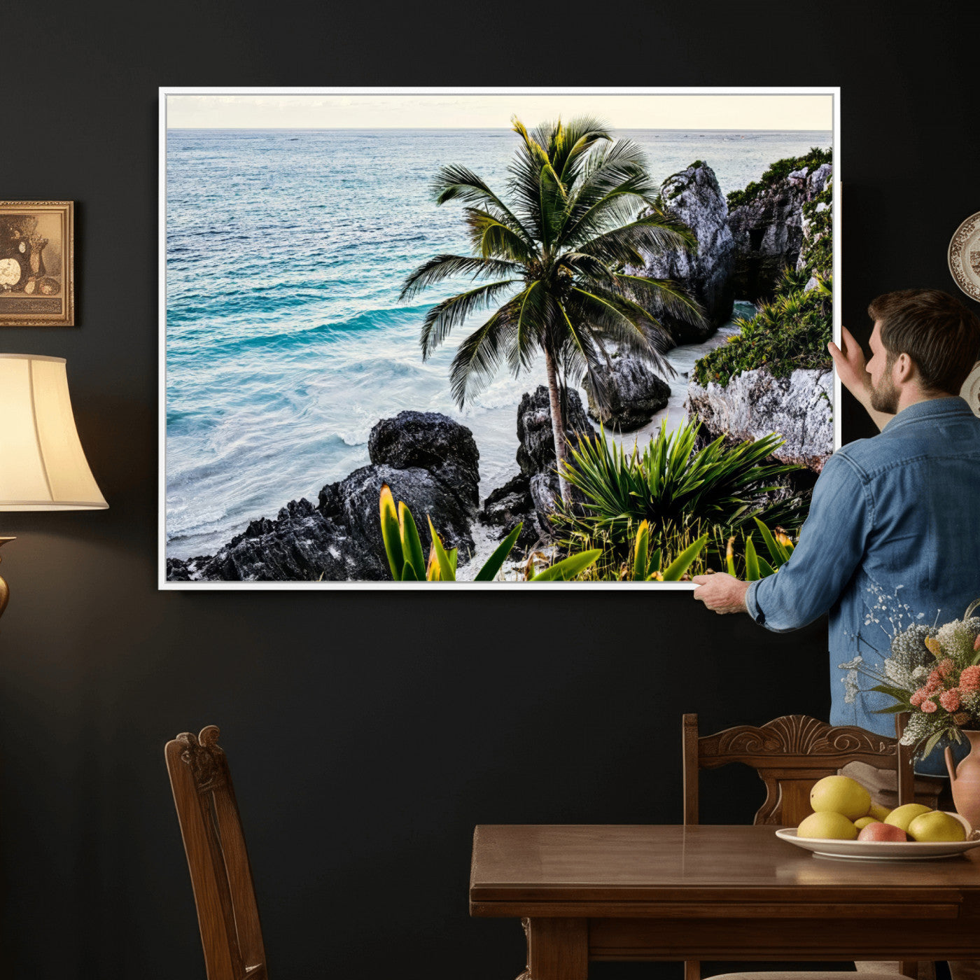 94669907-MGV-CV-36X24 - Tropical Palm Wall Art – Coastal Rocks Canvas Print, Ocean Breeze, Sandy Shore, Vibrant Green Foliage for Living Room or Beach House Decor