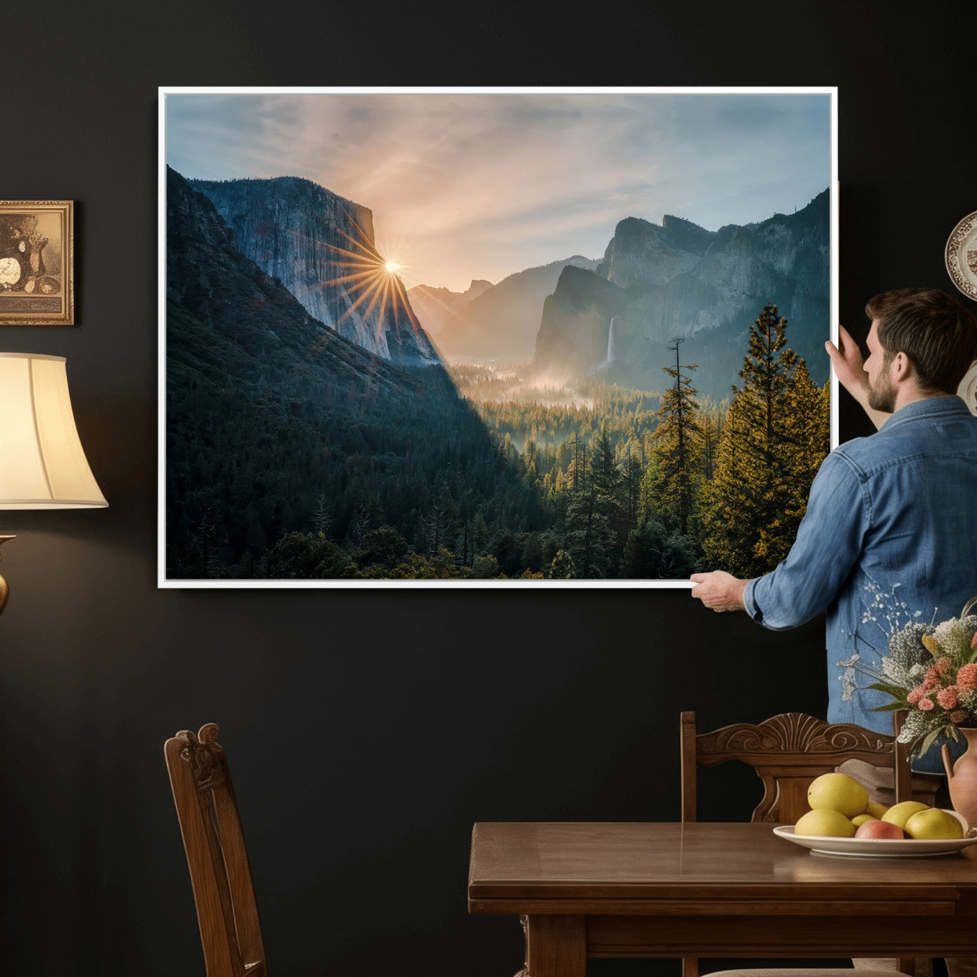 51605481-MGV-CV-36X24 - Yosemite Valley Wall Art – Misty Forest Peaks Canvas Print, Radiant Light, Tranquil Nature Landscape for Living Room or Cabin Decor