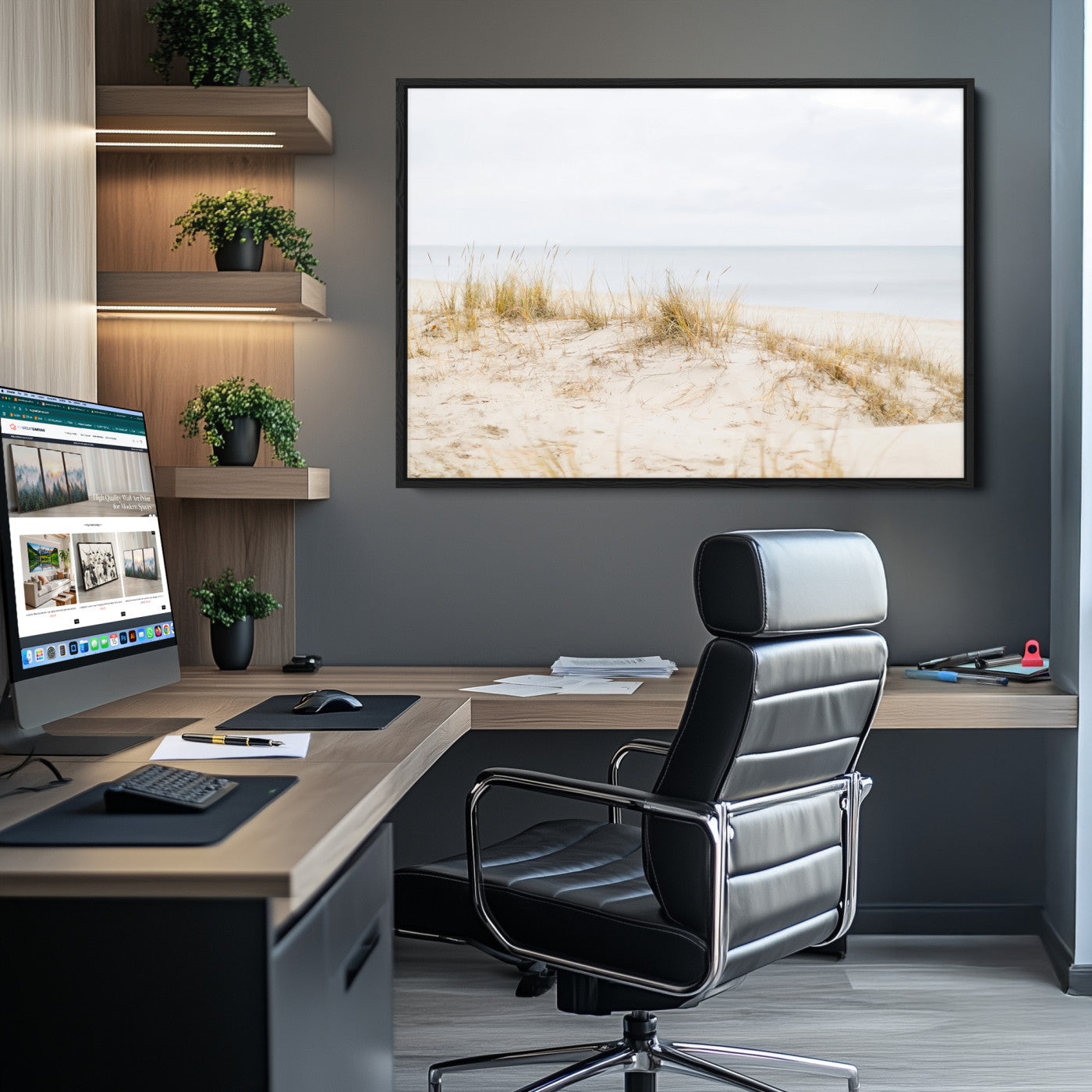 13146857-MGV-CV-36X24-Beach Dunes Wall Art Canvas Print, Framed Coastal Grass Art Picture Print, Sand Perfect Minimalist Decor, Framed Sand Dunes Canvas