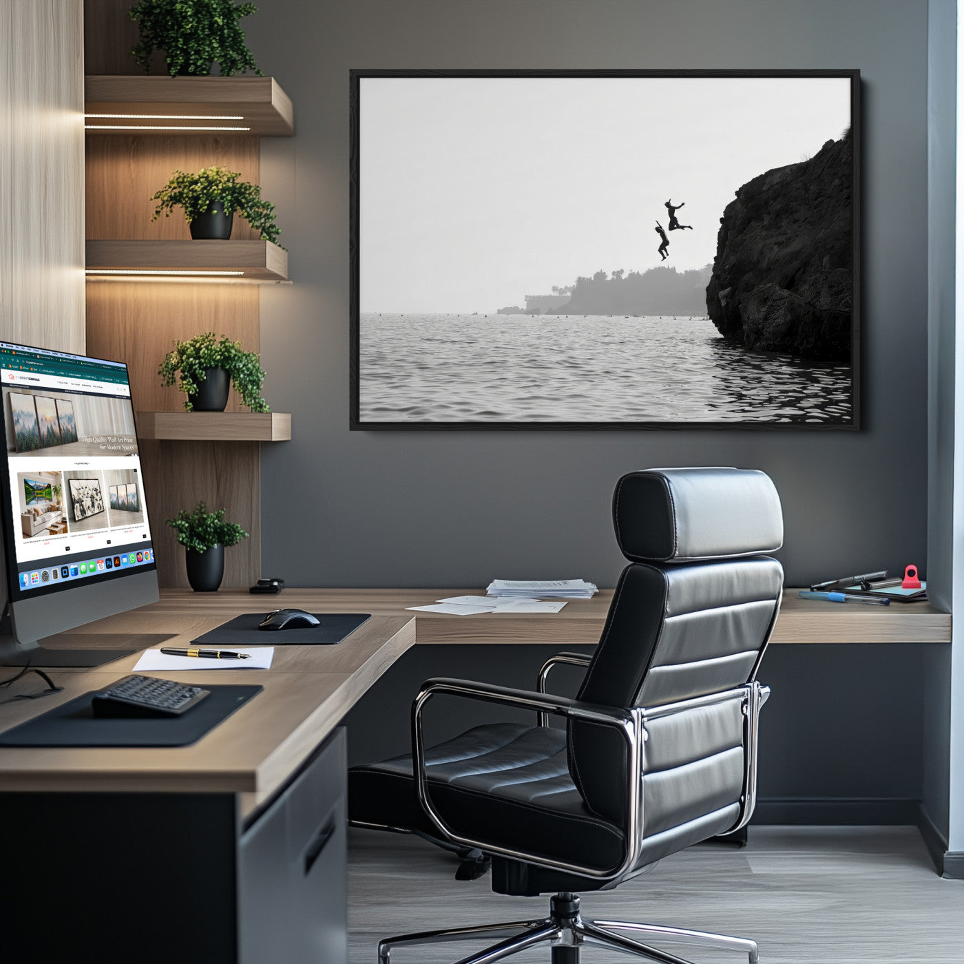 52284302-MGV-CV-36X24-Jumping Wall Art Canvas Print, Framed Ocean Art Picture Print, Coastal Perfect Coastal Decor, Framed Cliff Diving Wall Art