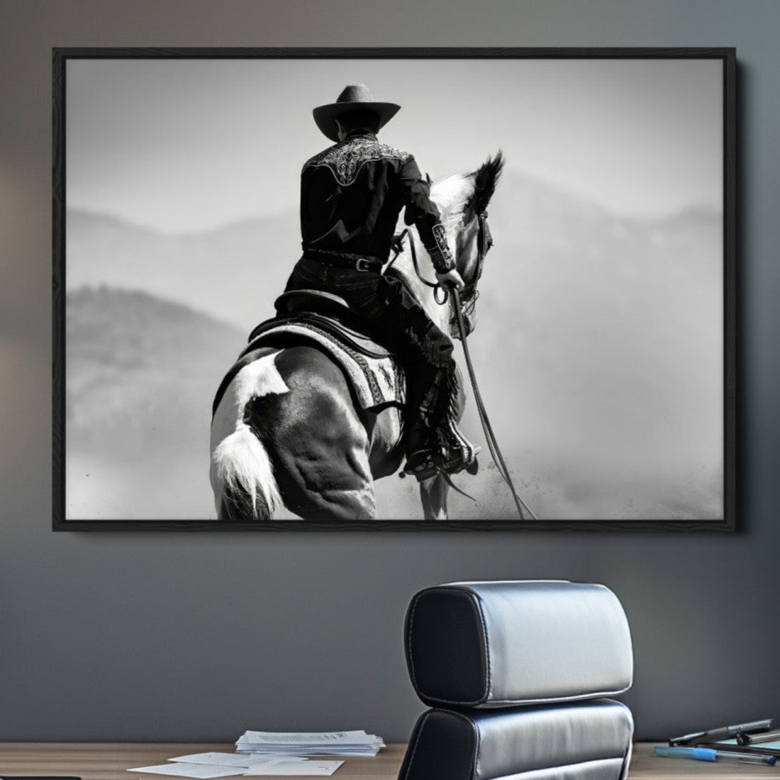 Western Wall Art Canvas Print, Framed Cowboy and Horse Rustic Ranch Art
