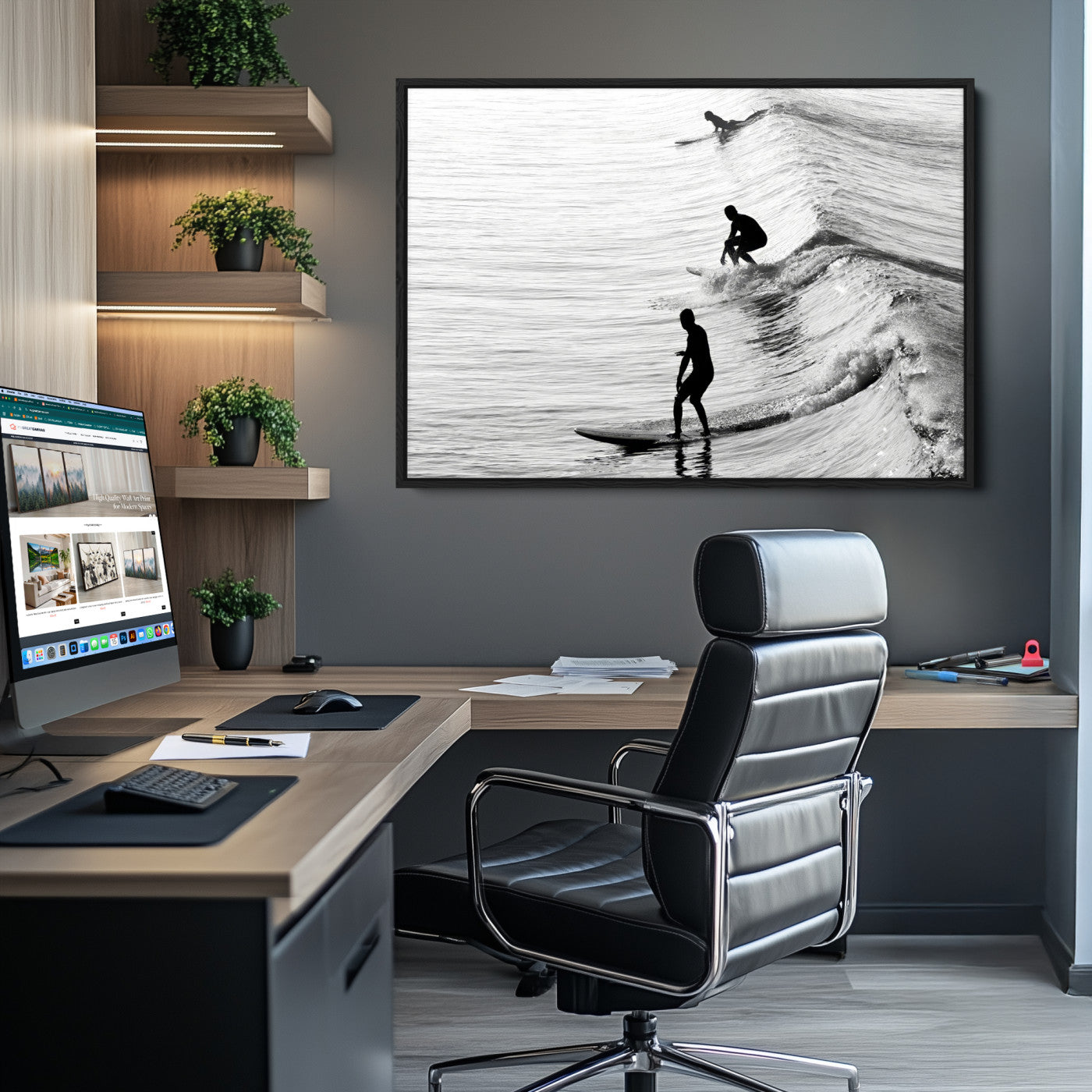 19875284-MGV-CV-36X24-Surfers on Waves Wall Art Canvas Print, Framed Black White Surf Art Picture Print, Monochrome Ocean Perfect Modern Coastal Decor, Surfers on