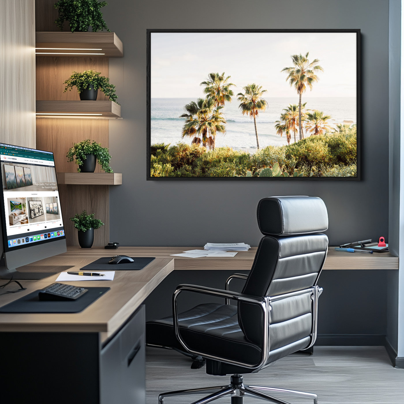 94707294-MGV-CV-36X24-California Coast Wall Art Canvas Print, Framed Palm Trees Art Picture Print, Coastal Landscape Perfect Coastal Minimalist Decor