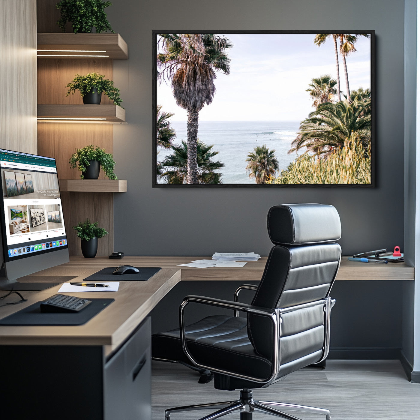 51404565-MGV-CV-36X24-Coastal Palm Trees Wall Art Canvas Print, Framed Ocean Breeze Art Picture Print, Coastal Palm Trees Print Wall Art