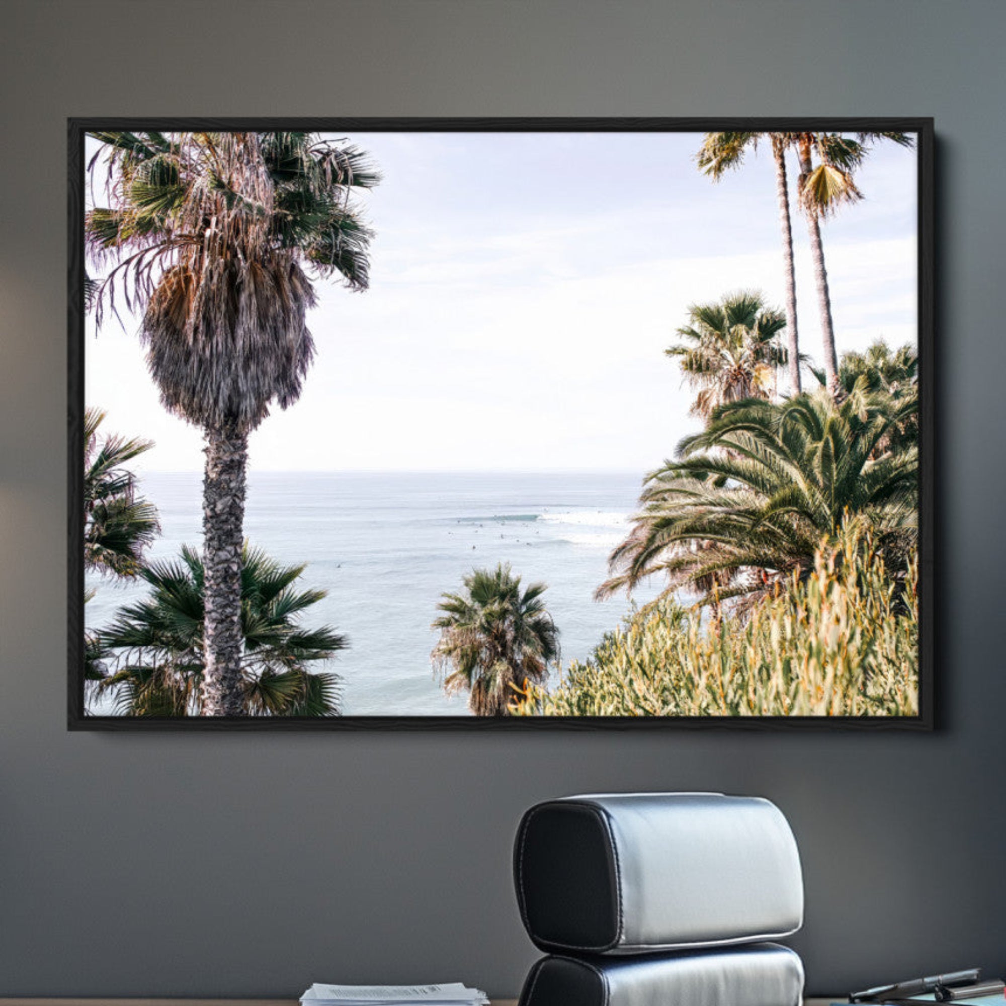 51404565-MGV-CV-36X24-Coastal Palm Trees Wall Art Canvas Print – Framed Ocean Breeze Tropical Scene Artwork for Relaxing Home, Office Decor