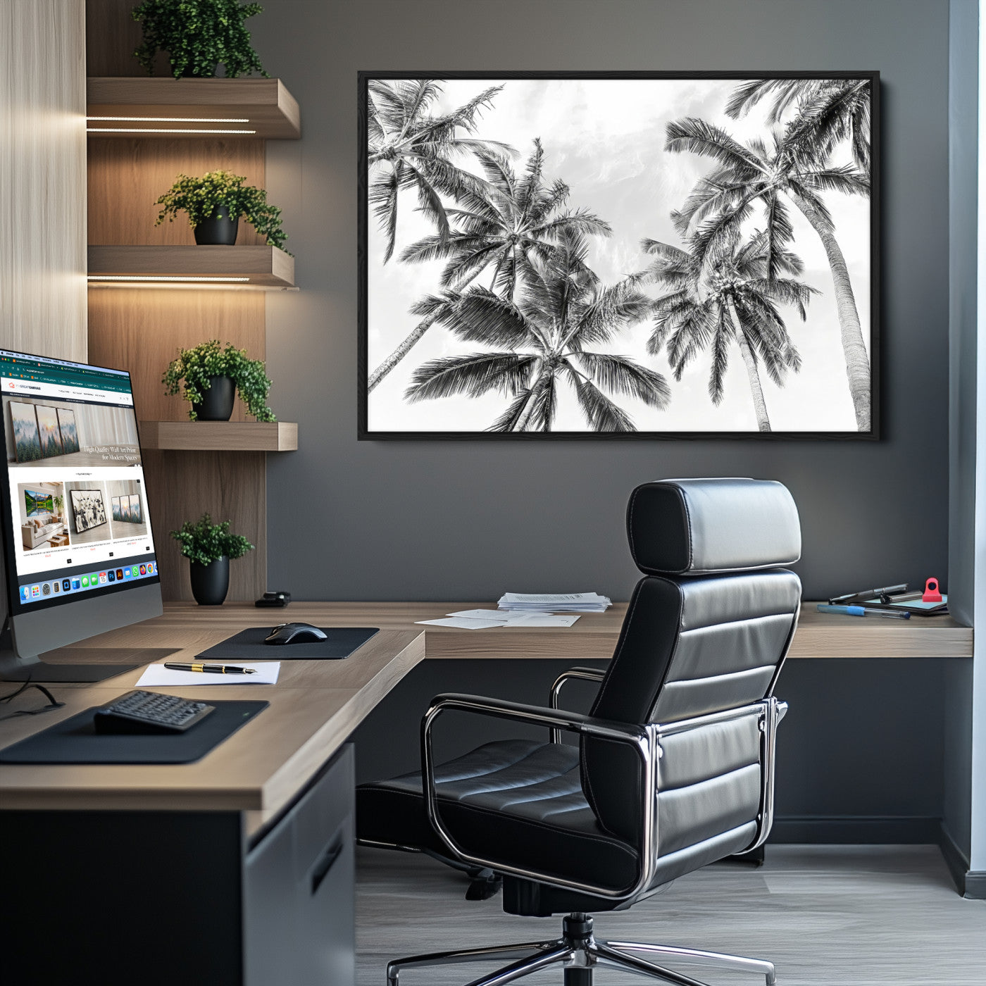 62113786-MGV-CV-36X24-Black White Palm Wall Art Canvas Print, Framed Monochrome Tropics Art Picture Print, Coastal Minimalist Decor
