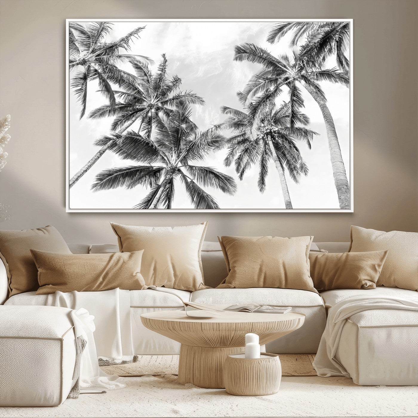 MGV-FC-36X24 - Black White Palm Wall Art Canvas Print, Framed Monochrome Tropics Art Picture Print, Minimalist Beach Perfect Coastal Minimalist Decor Artwork