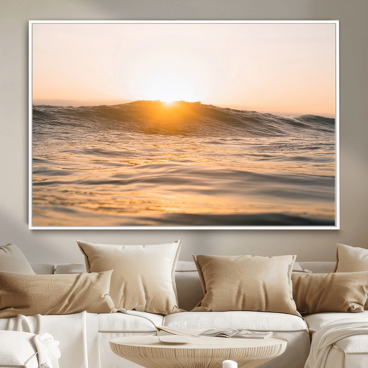 16973771-MGV-CV-36X24-Calm Water Wall Art – Framed Sunset Waves Canvas Artwork, Coastal Warm Design, Minimal Ocean Decor for Home, Office