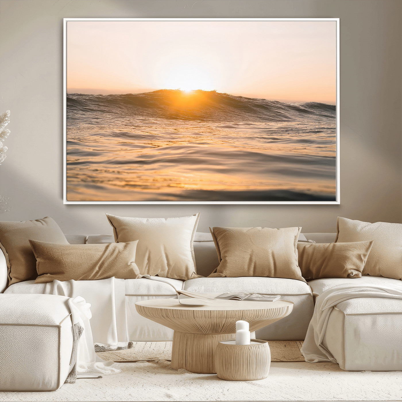 MGV-FC-36X24 - Calm Water Wall Art Canvas Print, Framed Sunset Waves Art Picture Print, Coastal Warmth Perfect Warm Minimalist Decor Artwork