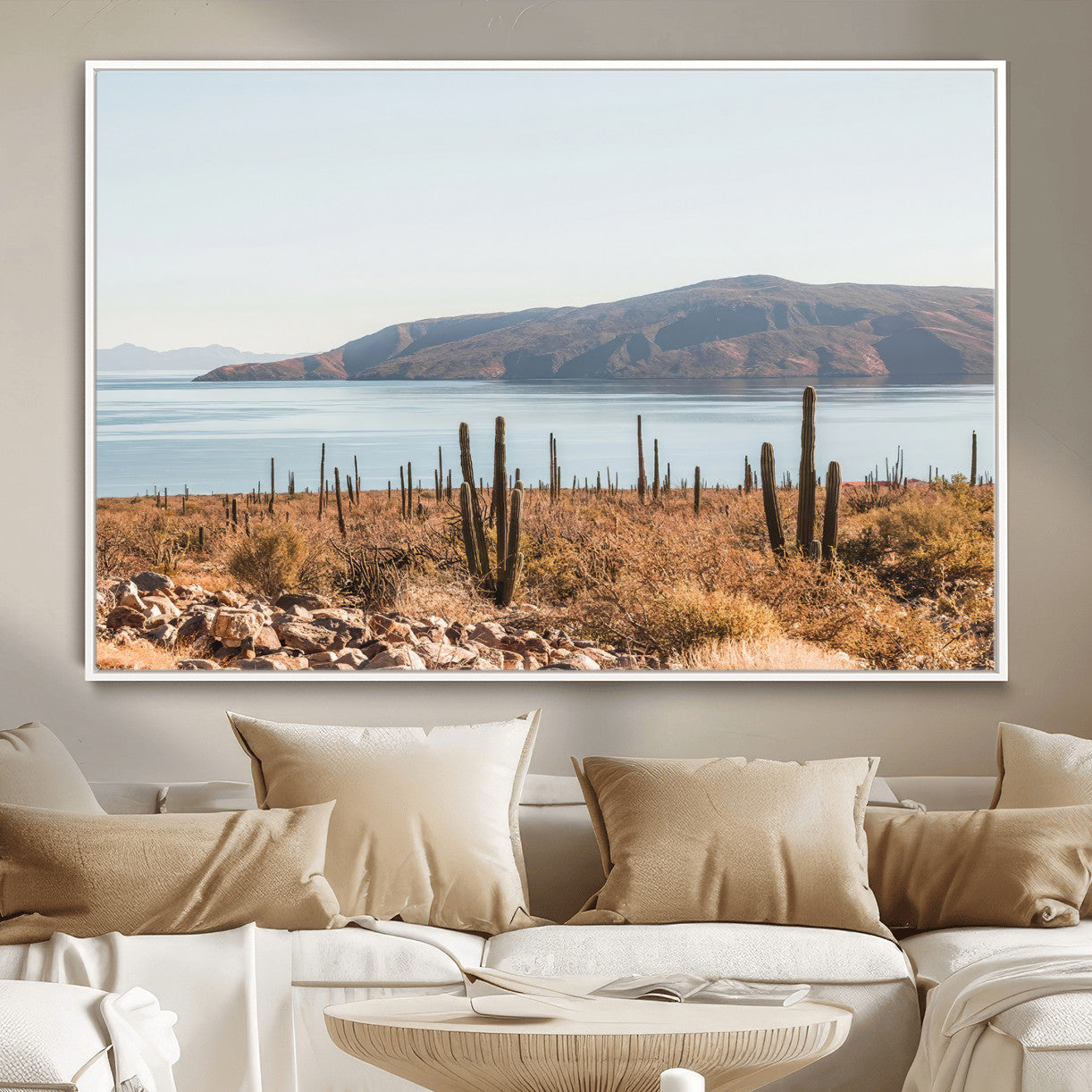 MGV-FC-36X24 - Desert Cactus Wall Art Canvas Print, Framed Baja Coastline Art Picture Print, Coastal Desert Perfect Southwestern Minimalist Decor Artwork