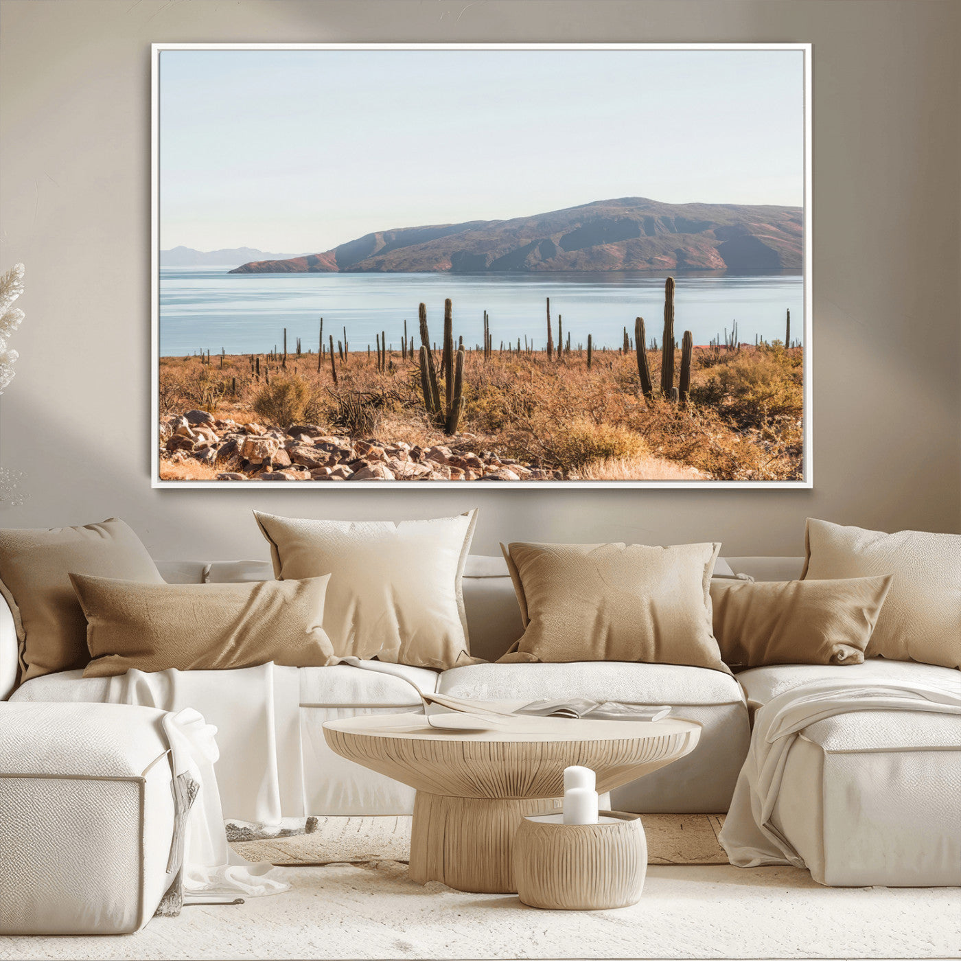 MGV-FC-36X24 - Desert Cactus Wall Art Canvas Print, Framed Baja Coastline Art Picture Print, Coastal Desert Perfect Southwestern Minimalist Decor Artwork