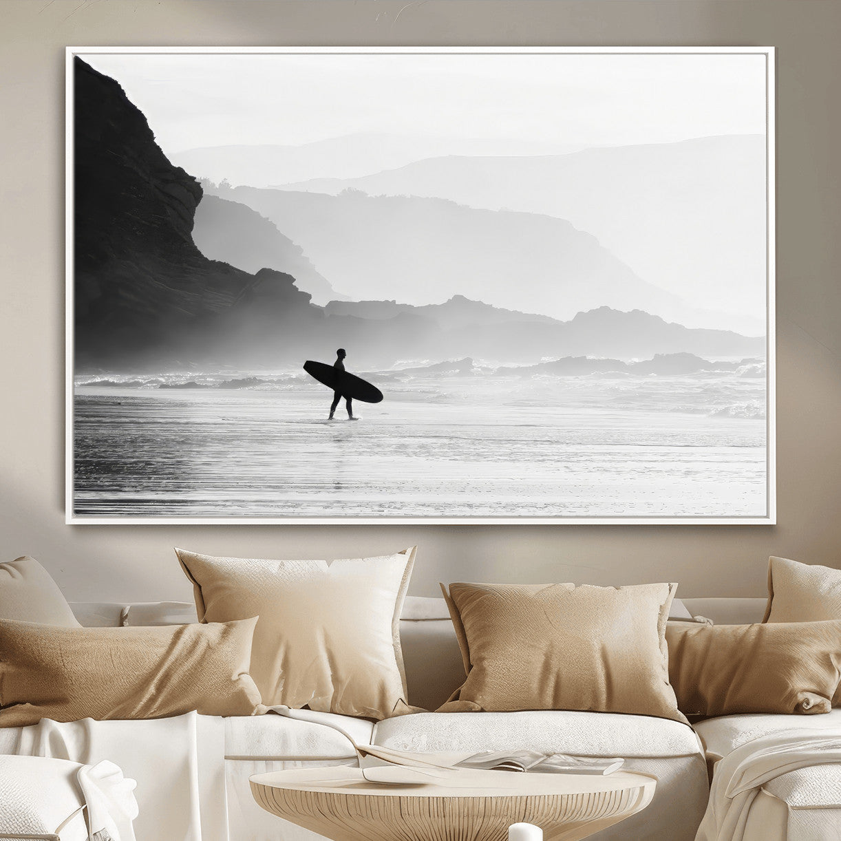 MGV-FC-36X24 - Surfer In Fog Wall Art Canvas Print, Framed Moody Shoreline Art Picture Print, Cliffside Waves Perfect Minimalist Coastal Decor Artwork