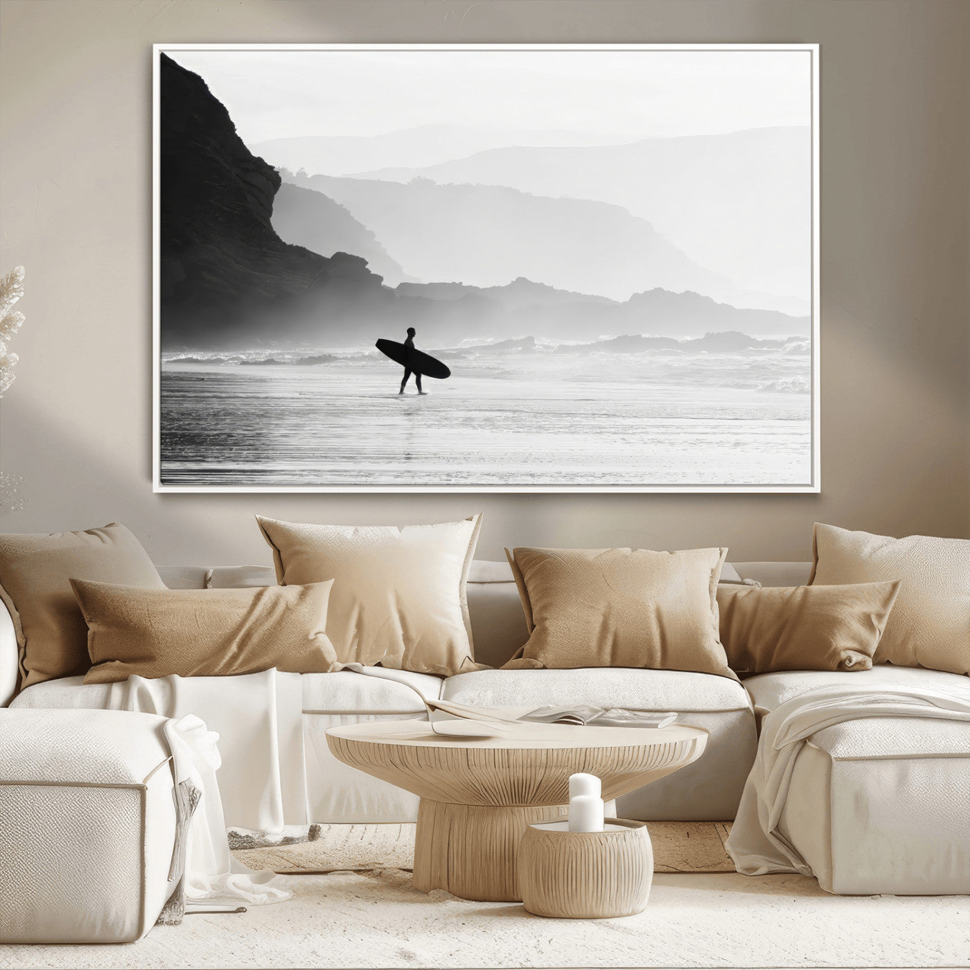 MGV-FC-36X24 - Surfer In Fog Wall Art Canvas Print, Framed Moody Shoreline Art Picture Print, Cliffside Waves Perfect Minimalist Coastal Decor Artwork