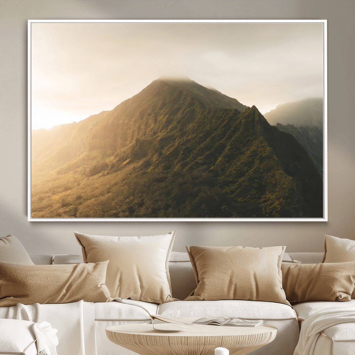 42338636-MGV-CV-36X24-Mountain Wall Art – Framed Sunset Landscape Canvas Artwork, Serene Nature Design, Rustic Decor for Home, Office