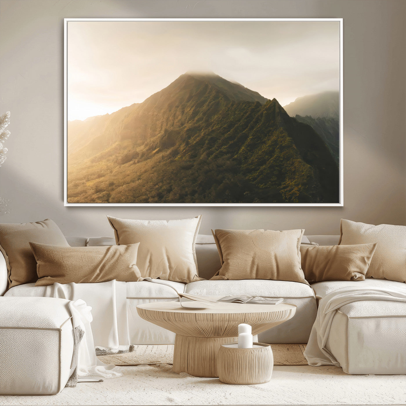 MGV-FC-36X24 - Golden Mountain Wall Art Canvas Print, Framed Misty Summit Art Picture Print, Rugged Landscape Perfect Moody Wilderness Decor Artwork