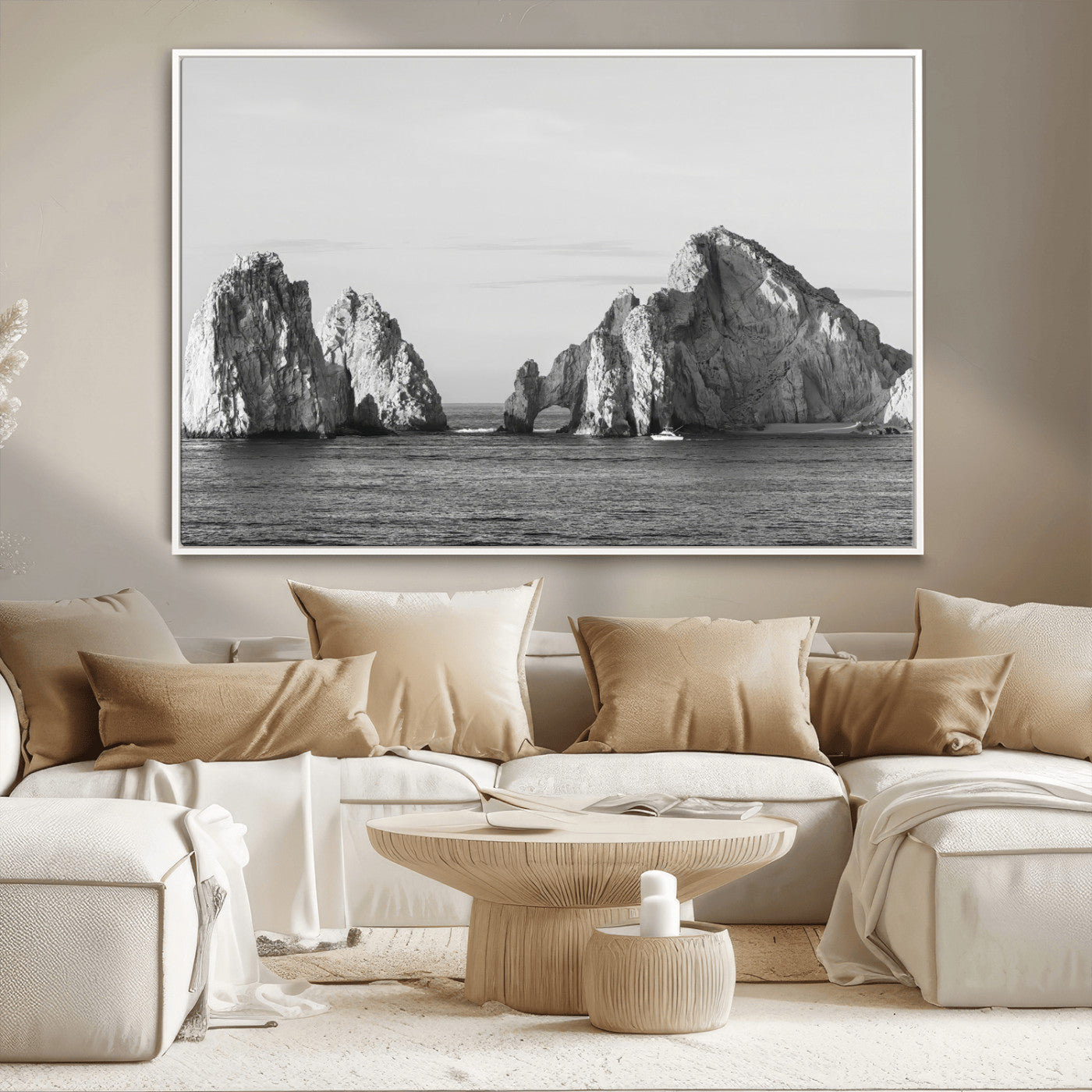 MGV-FC-36X24 - Rugged Coastline Wall Art Canvas Print, Framed Ocean Cliffs Art Picture Print, Monochrome Seascape Perfect Coastal Minimalist Decor Artwork