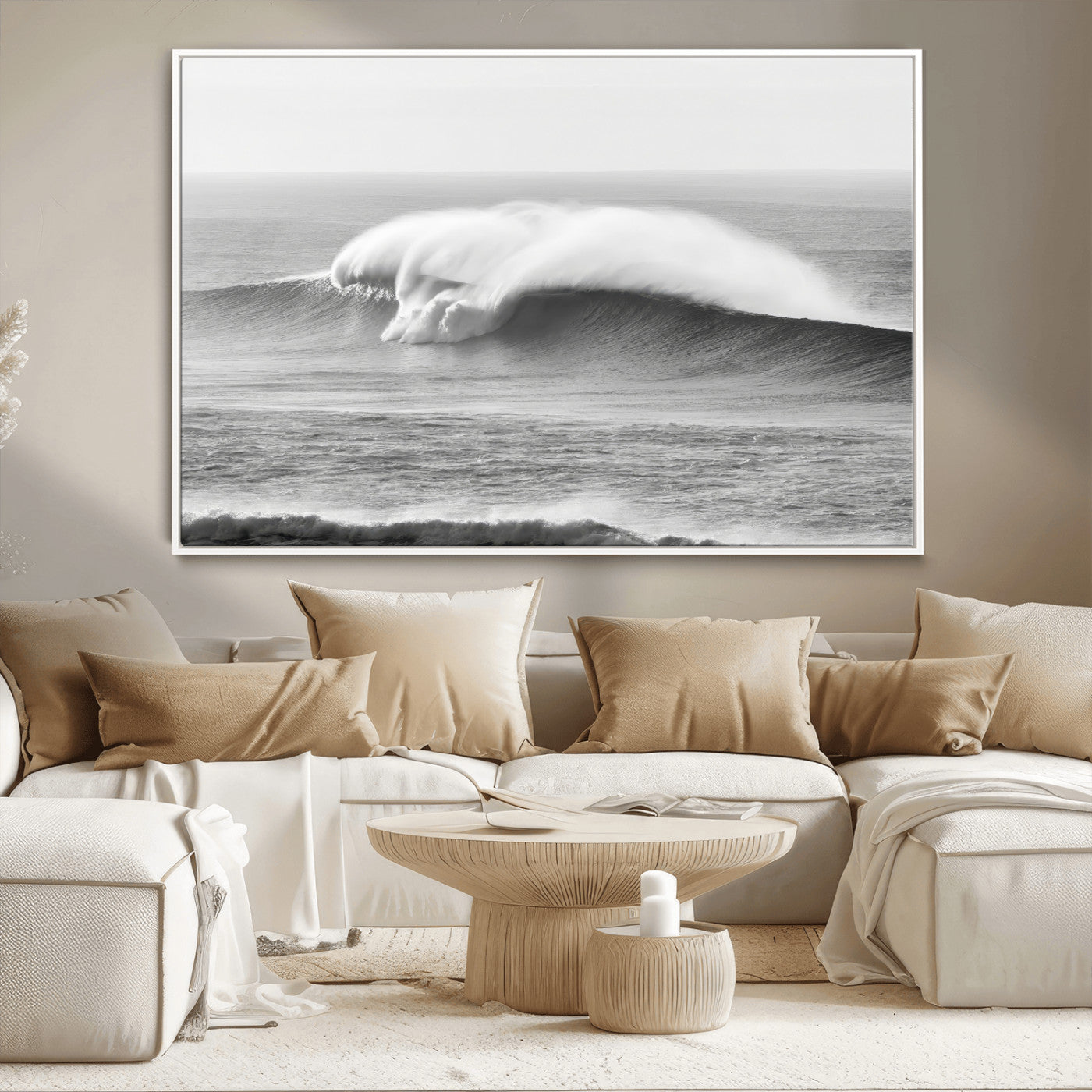 A dramatic black and white ocean wave crashing with immense force, capturing the raw power and movement of the sea in a bold seascape.