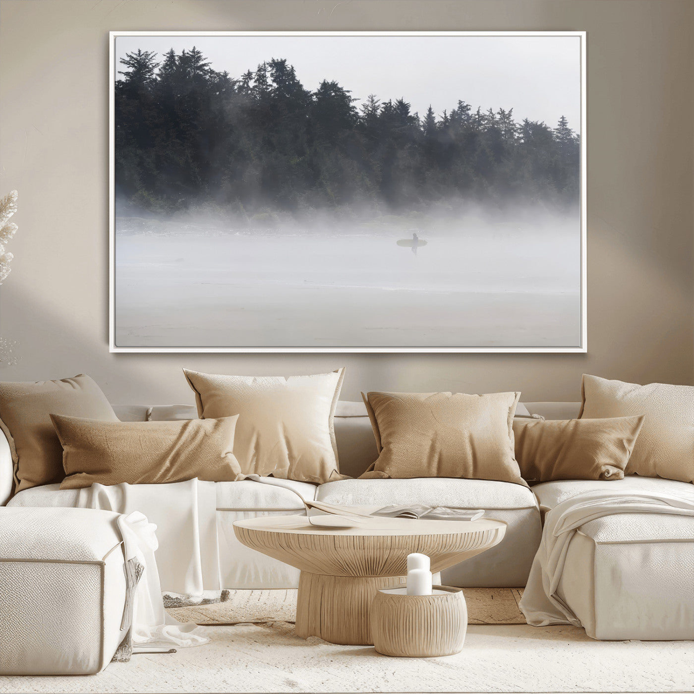 A lone surfer carrying a board through a misty shoreline, surrounded by dense trees and fog, creating a peaceful and mysterious coastal scene.