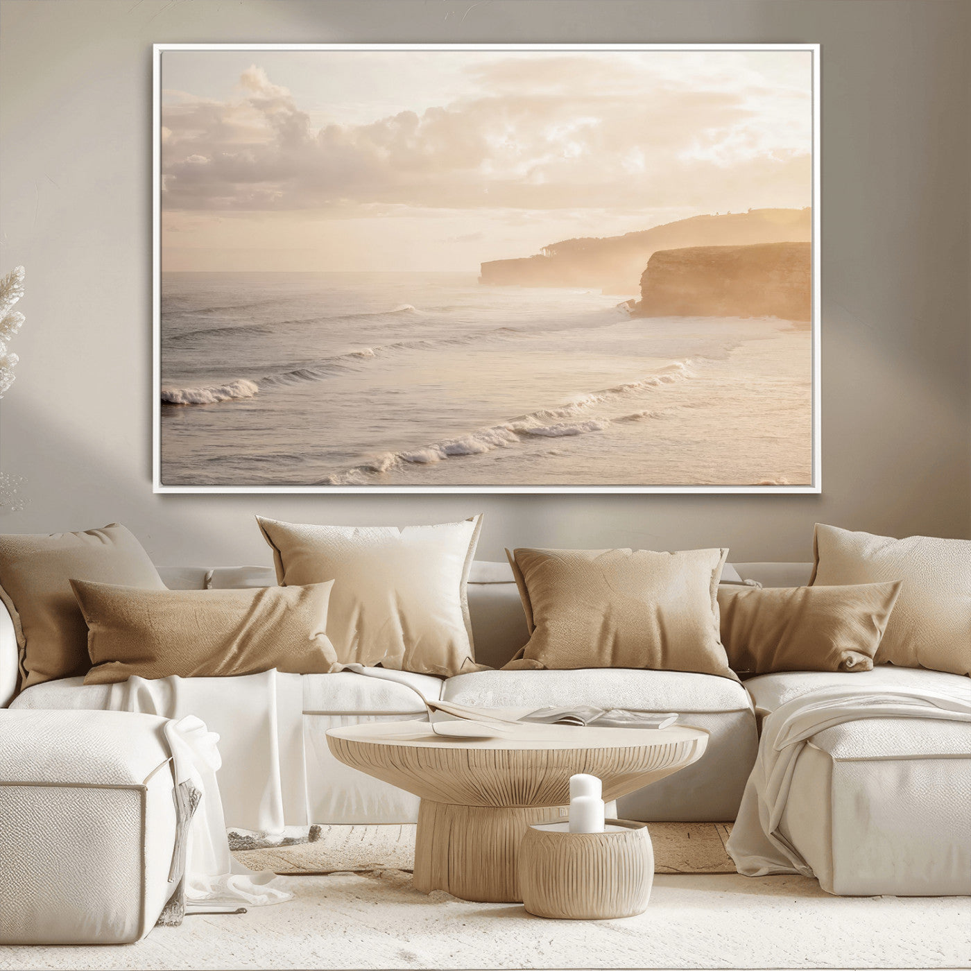 Golden hour seascape with misty cliffs and gentle waves rolling towards the shore, capturing a tranquil and warm coastal atmosphere.