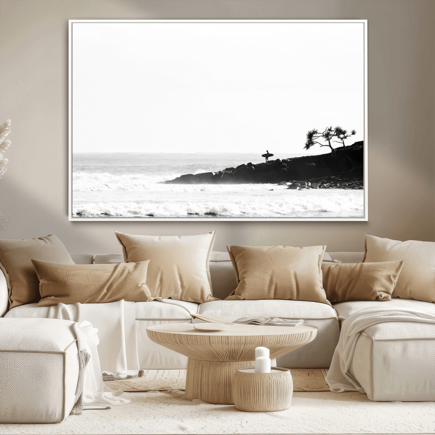 MGV-FC-36X24 - SurferCliffs Wall Art Canvas Print, Framed Black White Beach Art Picture Print, Ocean Waves Perfect Minimalist Coastal Decor Artwork
