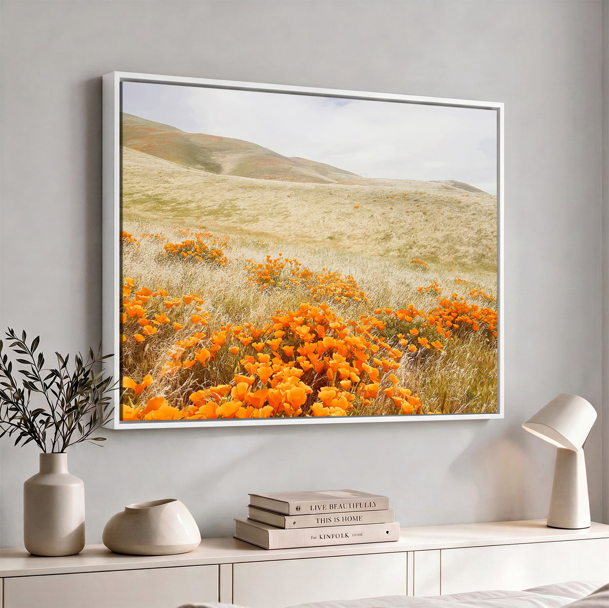 28972262-_Poster-30x20 - Golden Wildflowers Wall Art Canvas Print, Framed Hills and Poppy Meadow Scene